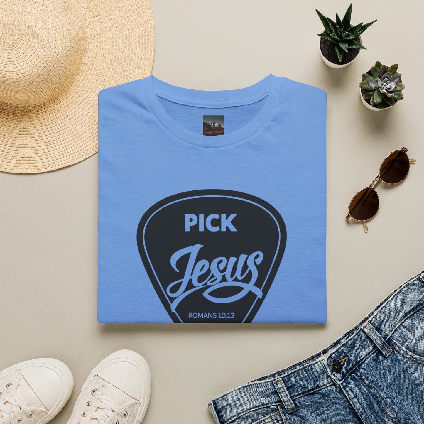 Pick Jesus T-Shirt — Christian Guitar Pick Design (Romans 10:13)