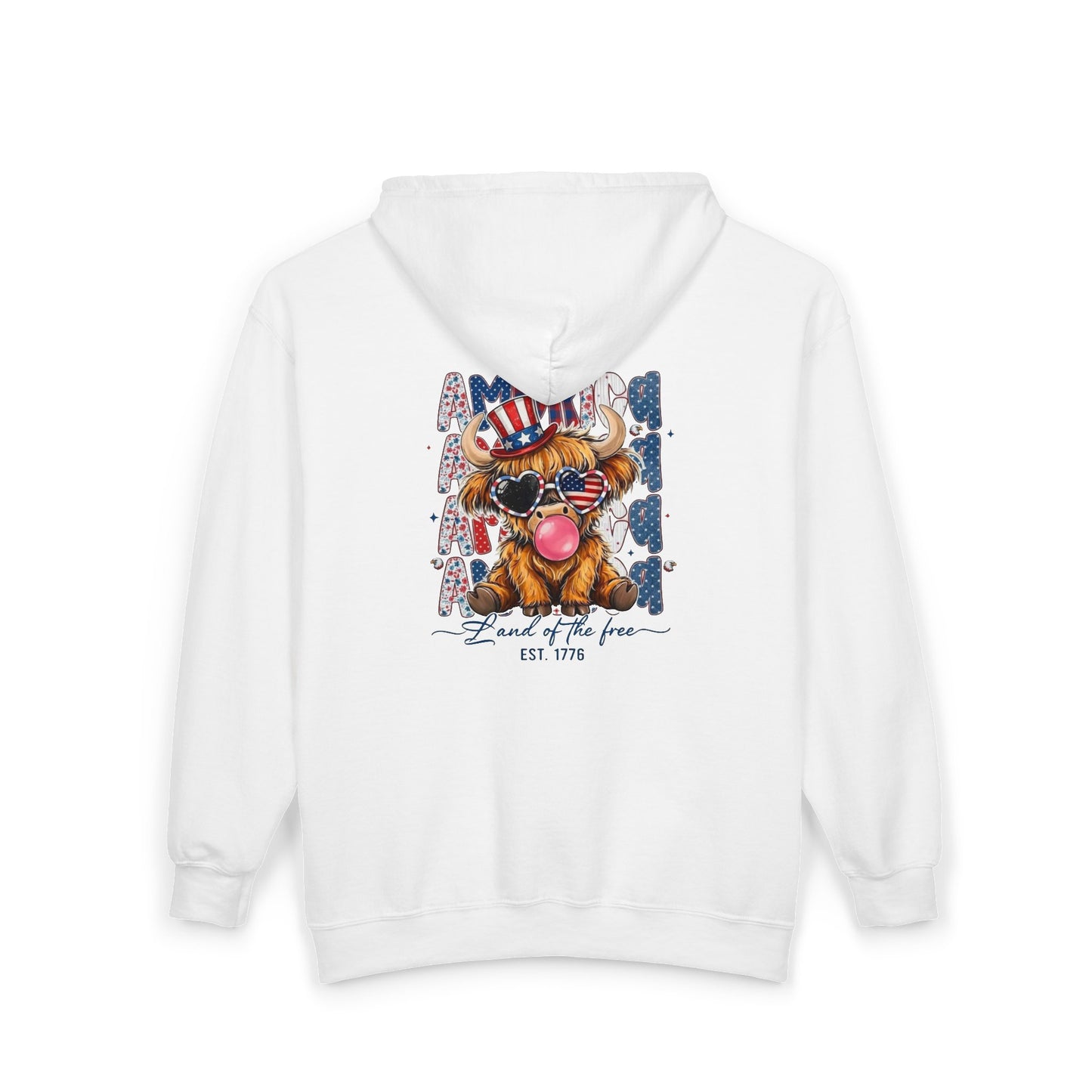 #250 American Flag Bubblegum Patriotic Highland Cow Zip Hoodie