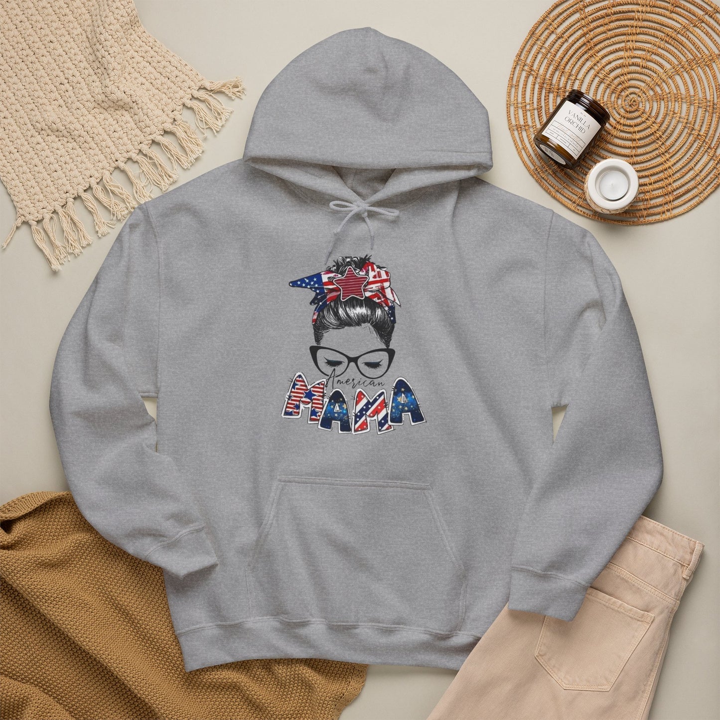 #250 Mama USA Flag Messy Bun Hoodie