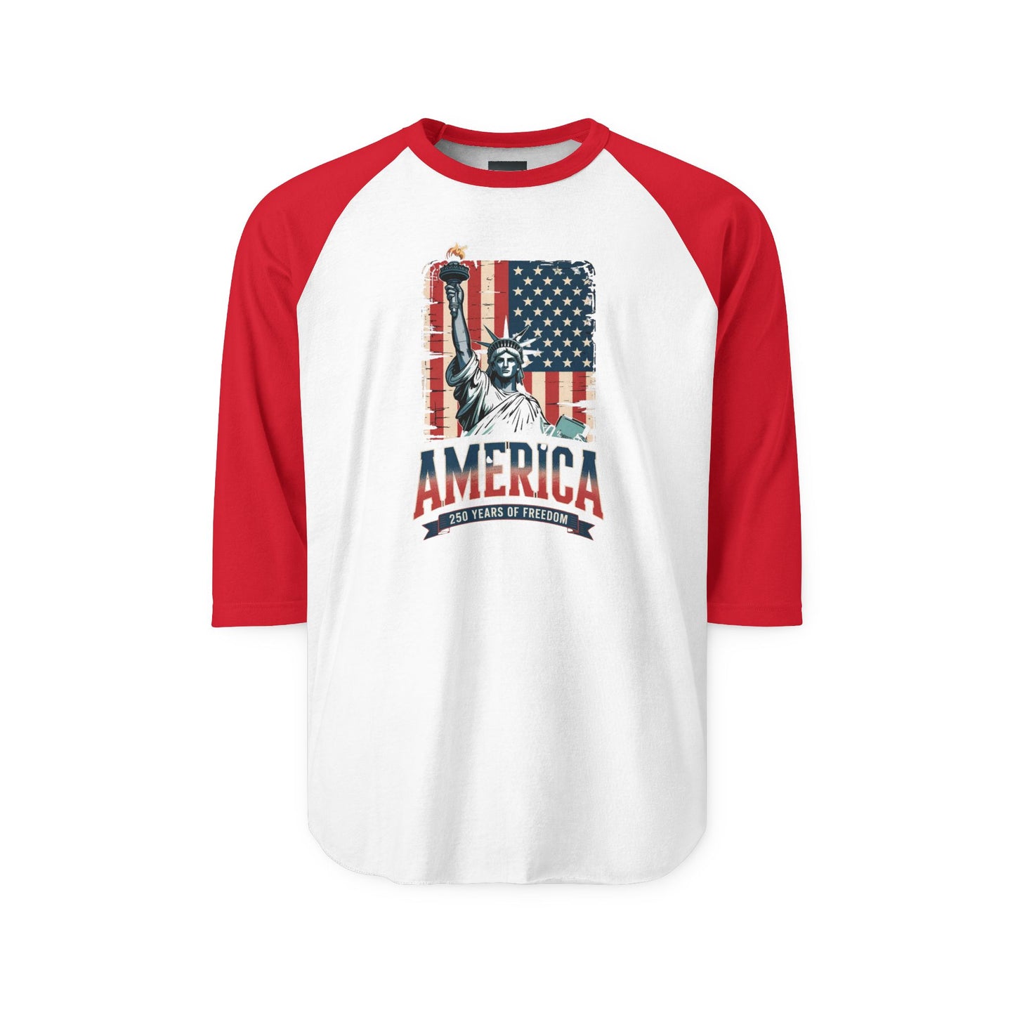 #250 Statue of Liberty American Flag 'America' Patriotic Independence Day Raglan Shirt Baseball Tee