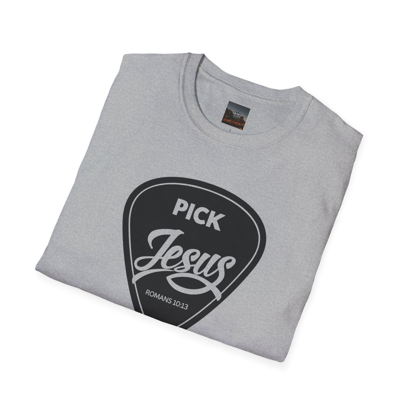 Pick Jesus T-Shirt — Christian Guitar Pick Design (Romans 10:13)