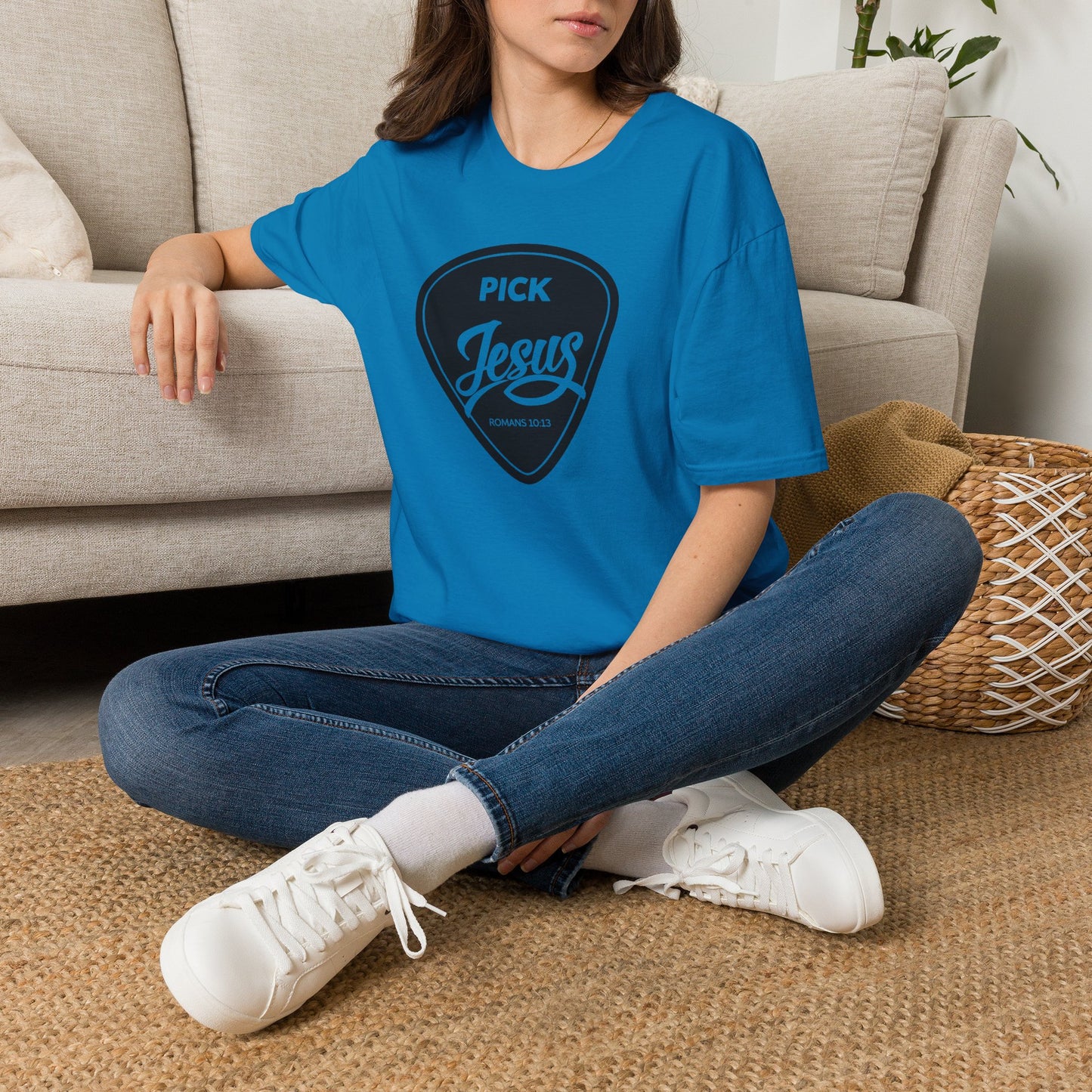 Pick Jesus T-Shirt — Christian Guitar Pick Design (Romans 10:13)