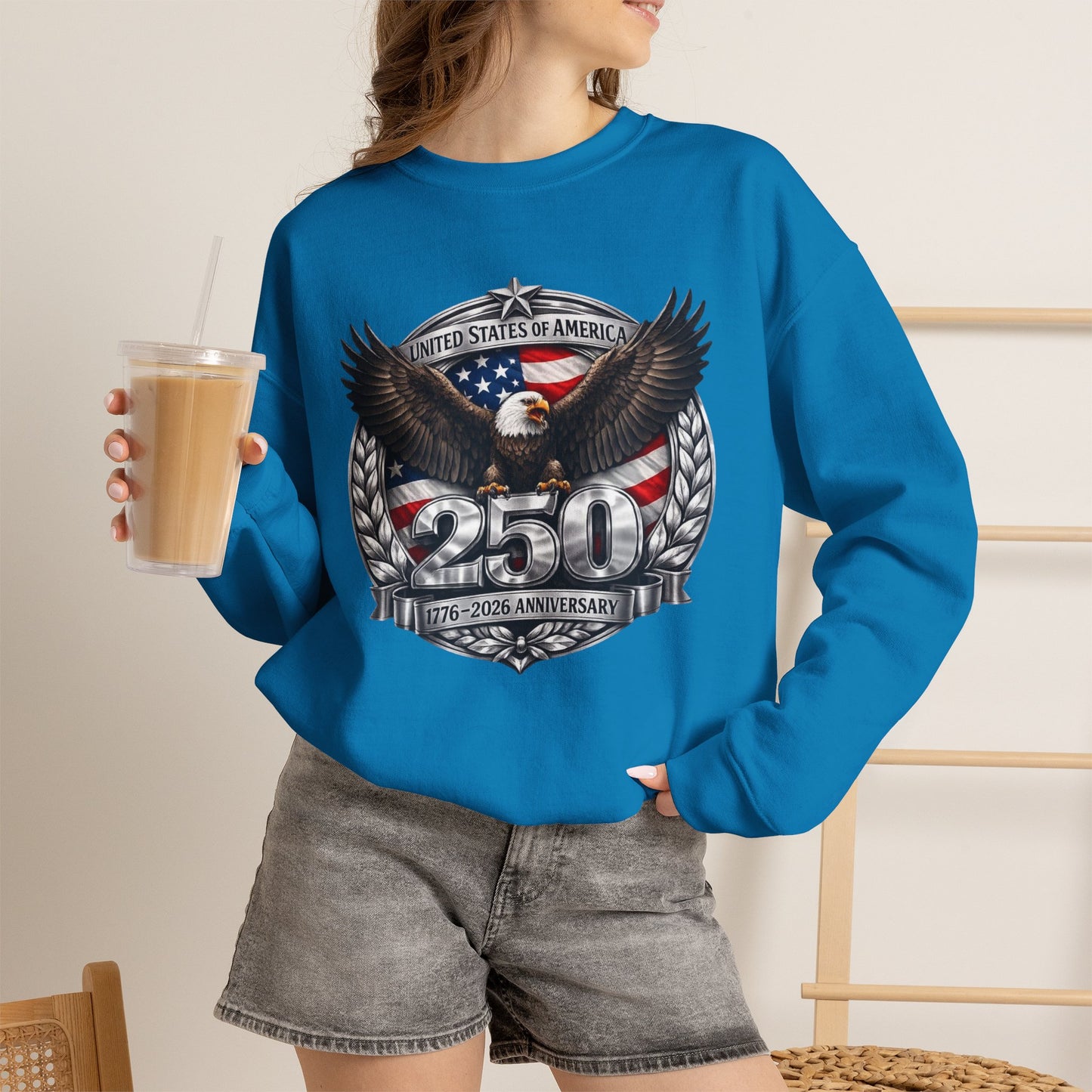 #250 Patriotic Bald Eagle 250 United States Emblem Crewneck Sweatshirt