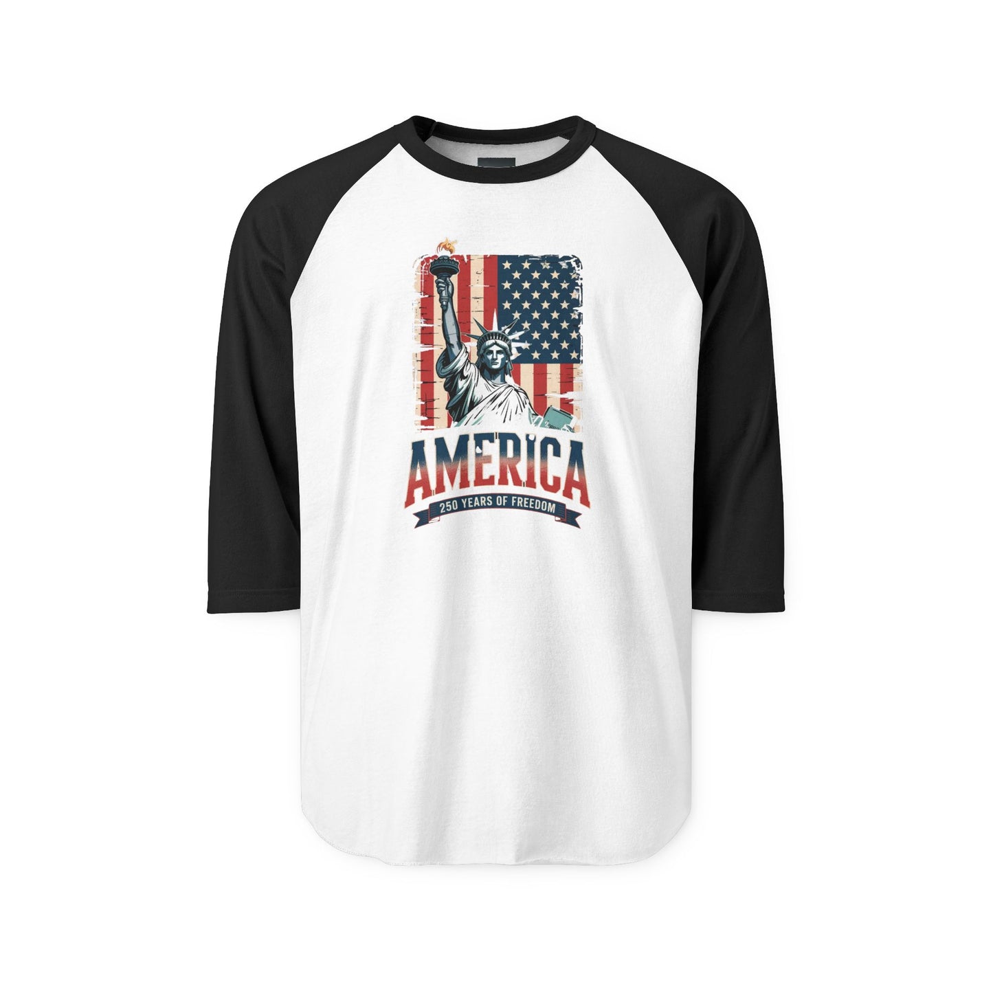 #250 Statue of Liberty American Flag 'America' Patriotic Independence Day Raglan Shirt Baseball Tee