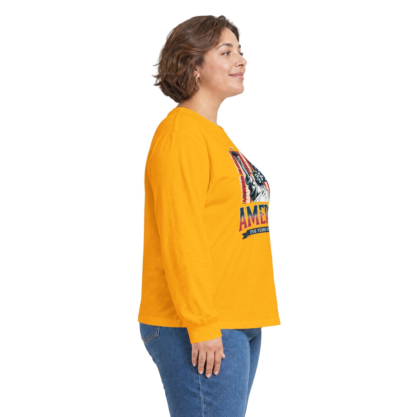 #250 Statue of Liberty American Flag 'America' Patriotic Independence Day Long Sleeve Tee