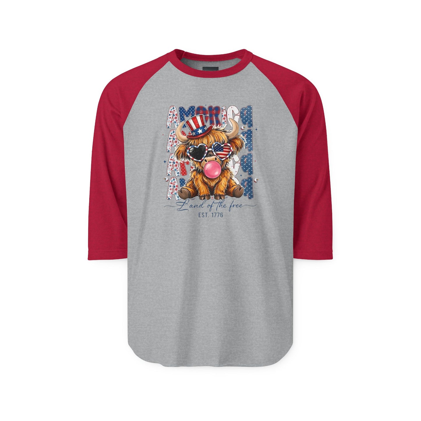 #250 American Flag Bubblegum Patriotic Highland Cow Raglan 3/4 Sleeve Baseball Tee