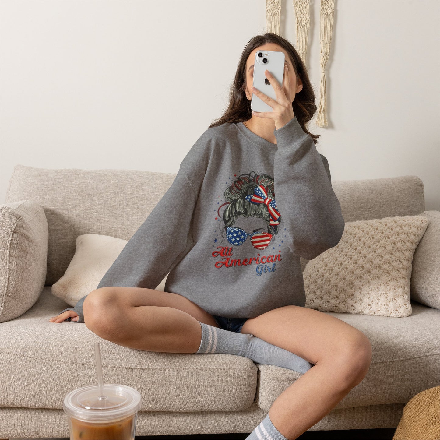 #250 "All American Girl" Patriotic Messy Bun Sweatshirt