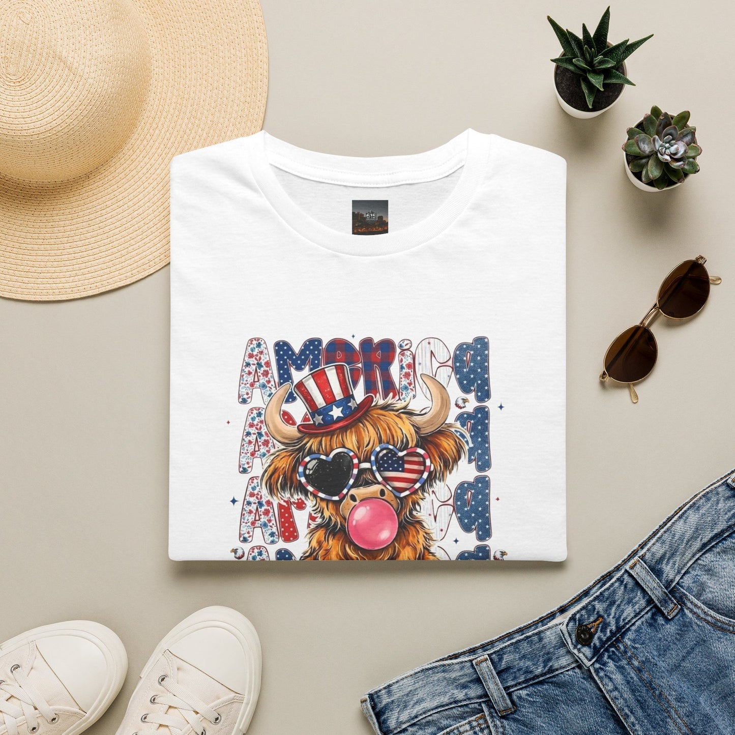 #250 American Flag Bubblegum Patriotic Highland Cow T-Shirt