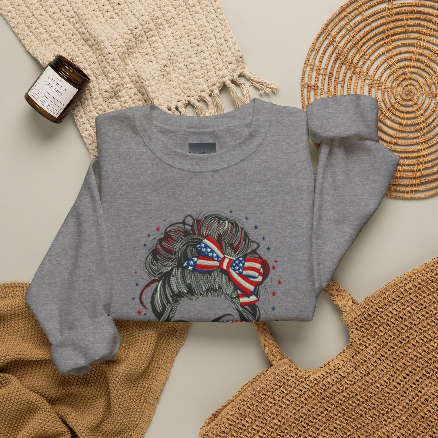 #250 "All American Girl" Patriotic Messy Bun Sweatshirt