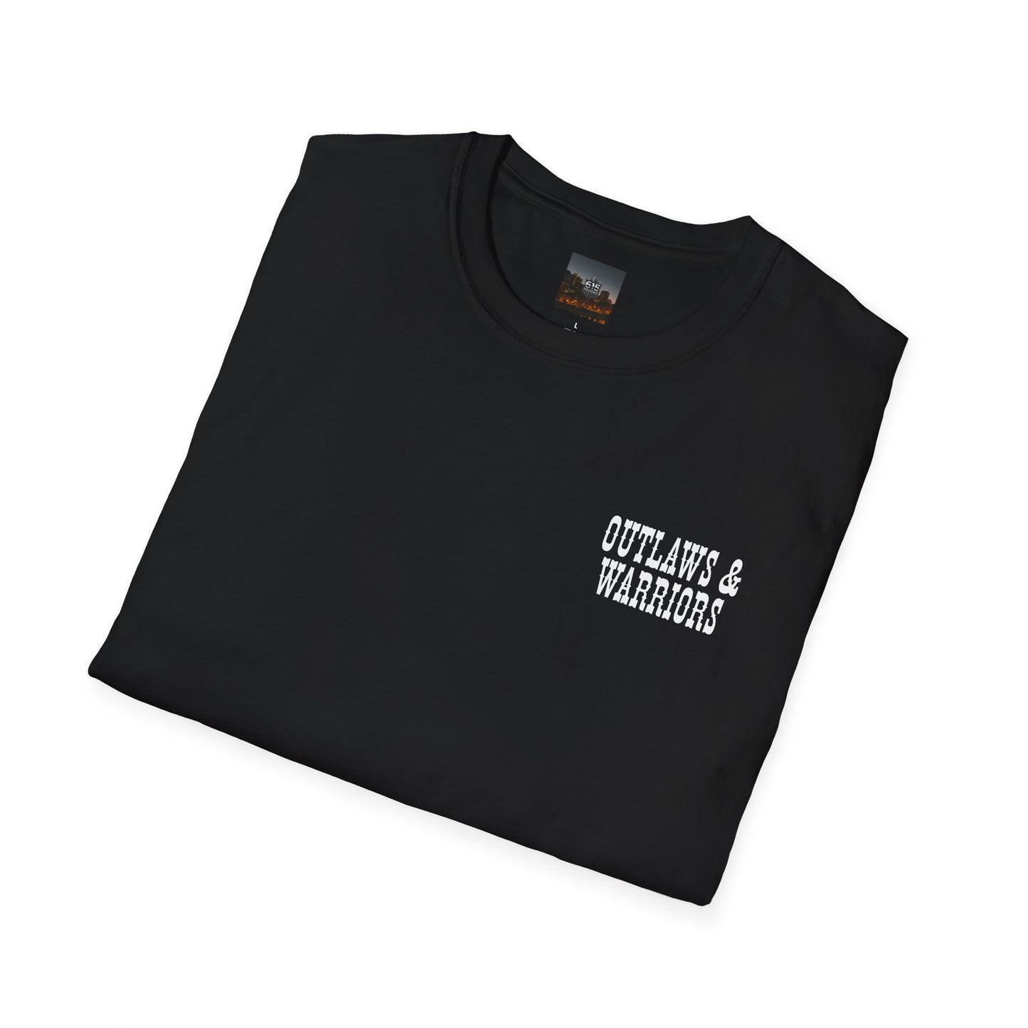 Outlaws & Warriors 100% Cotton SoftStyle T-Shirt — Minimal Chest Logo with Graphic On Back