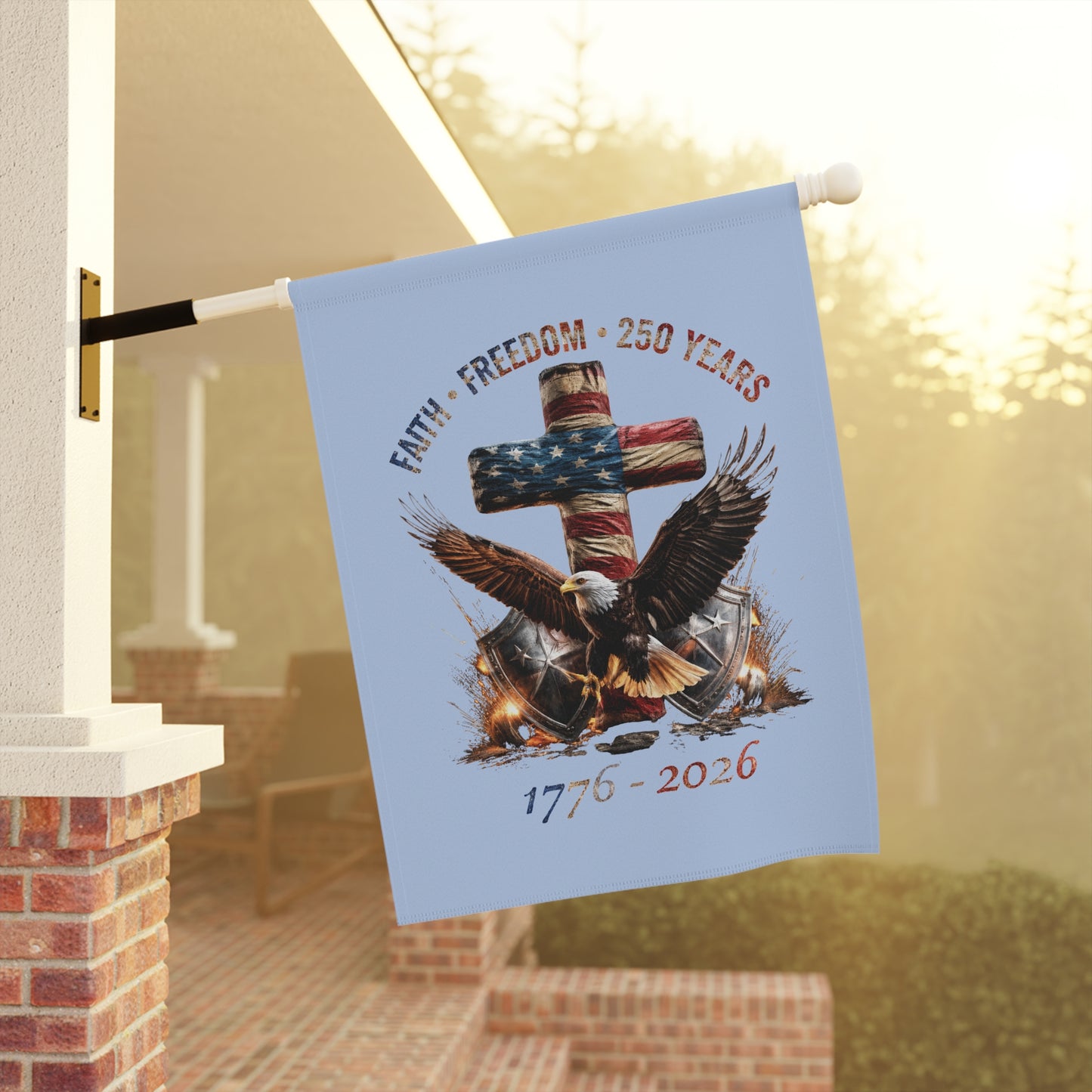 #250 Faith • Freedom 250 Years American Flag Cross & Eagle 1776-2026 Garden Flag — House Banner