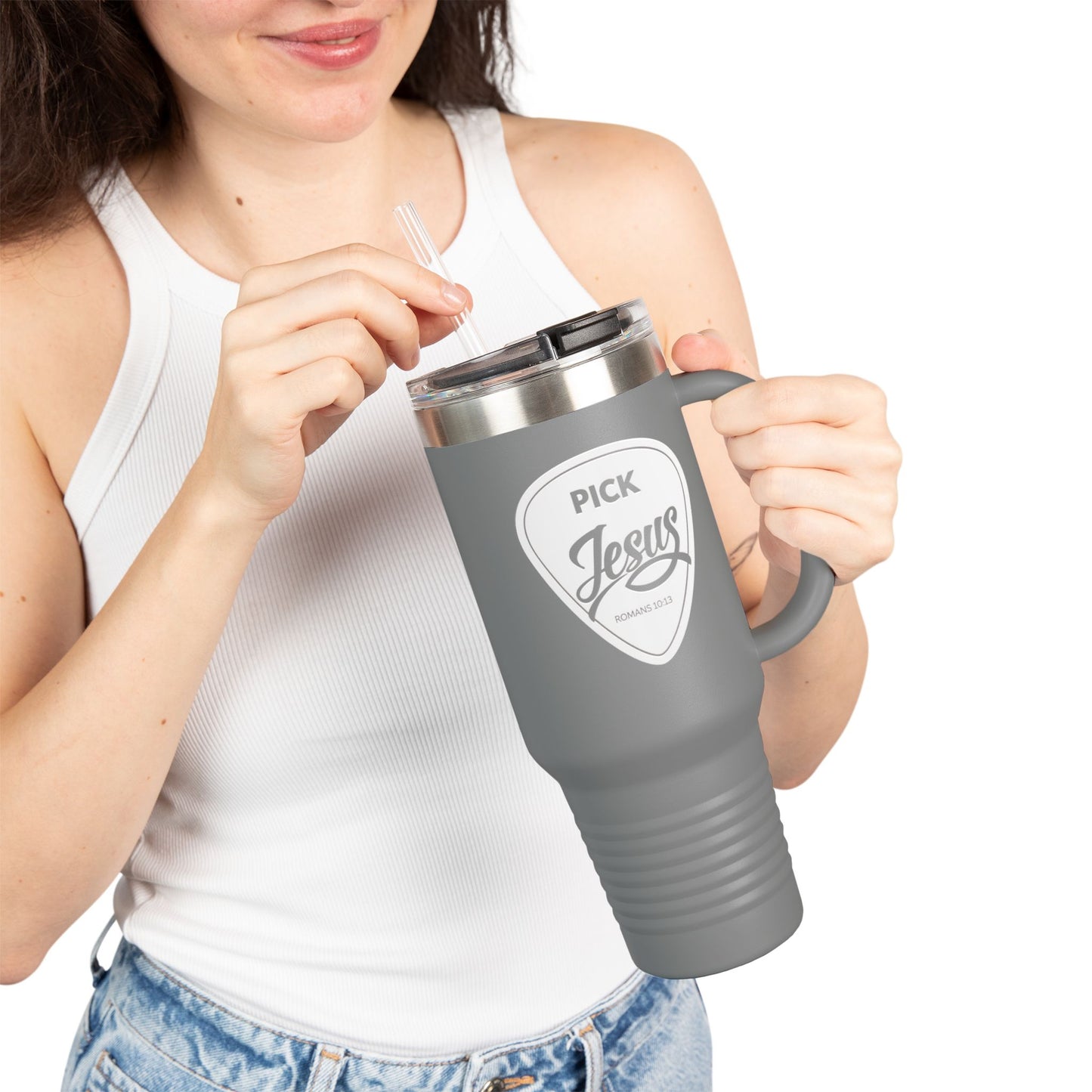 Pick Jesus Guitar Pick 40oz Christian Guitar Pick Design (Romans 10:13) Insulated Travel Mug