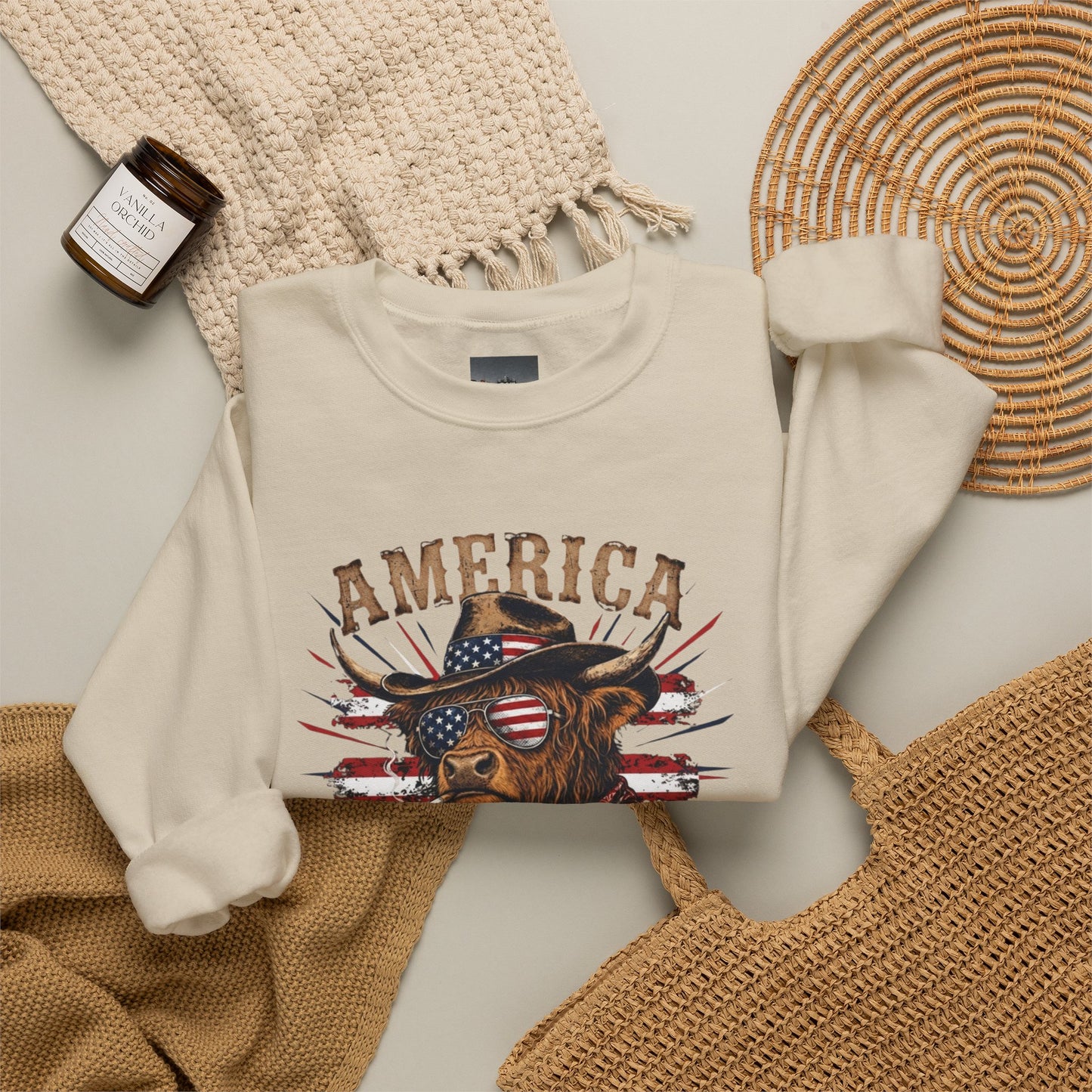 #250 America 250 Strong Patriotic Bull with American Flag Sweatshirt