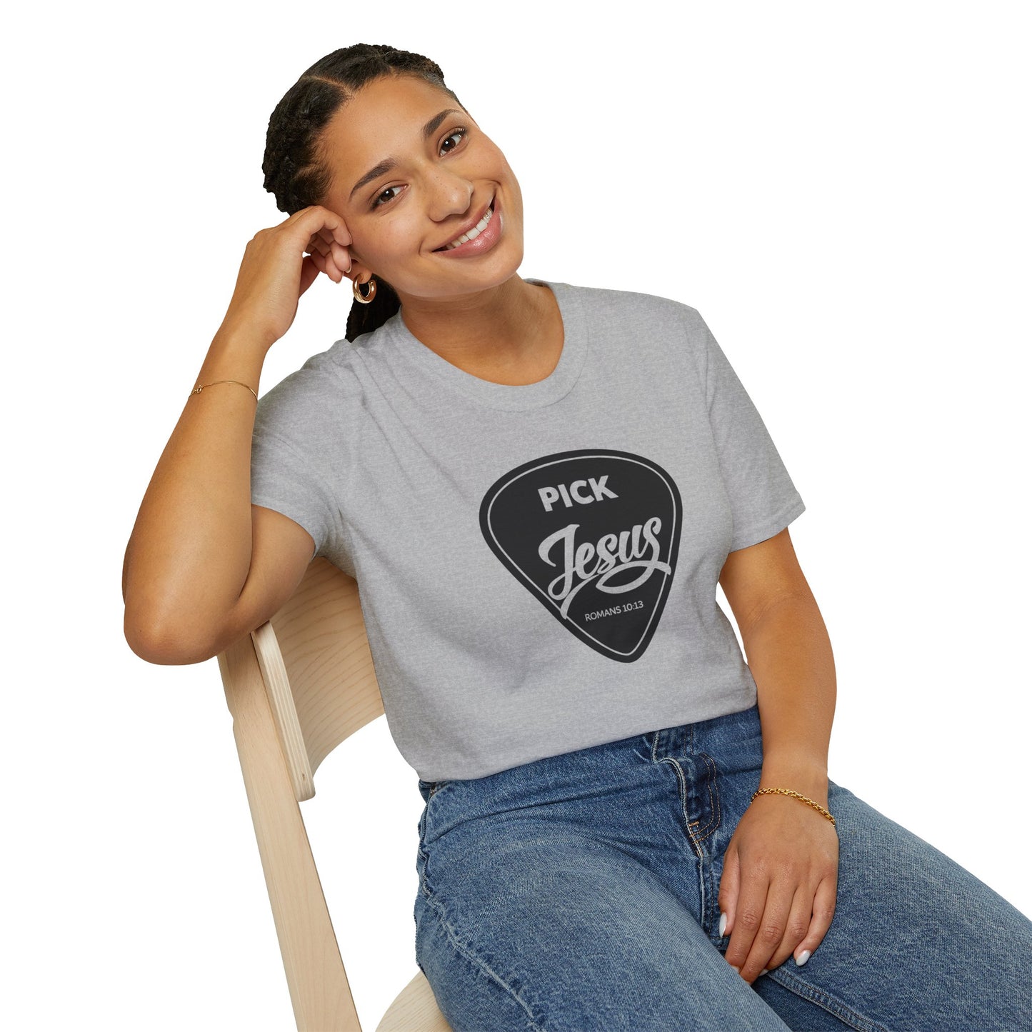 Pick Jesus T-Shirt — Christian Guitar Pick Design (Romans 10:13)