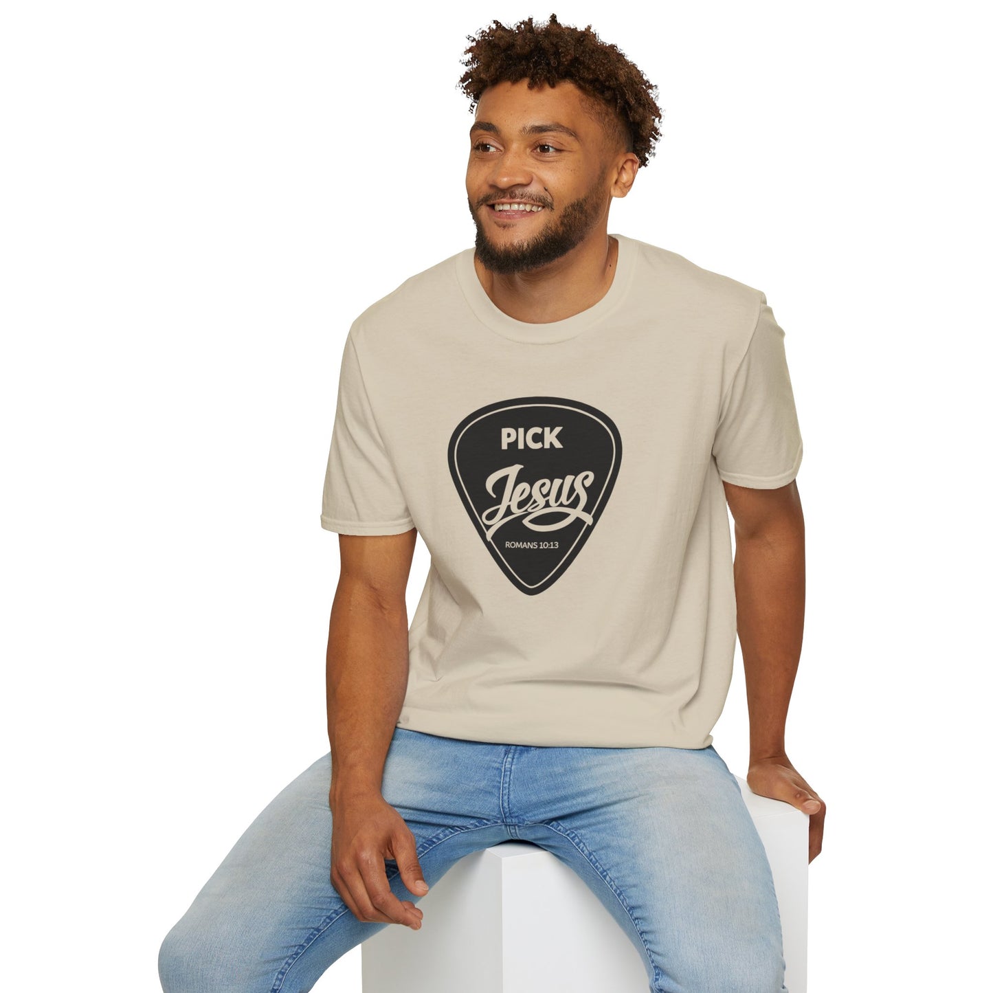 Pick Jesus T-Shirt — Christian Guitar Pick Design (Romans 10:13)
