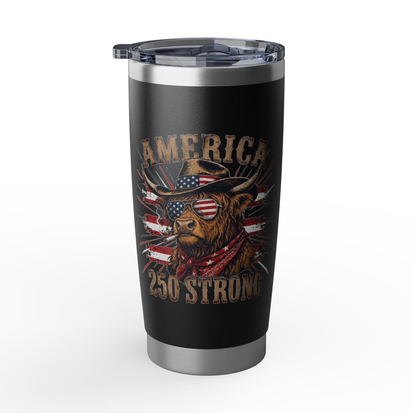 #250 America 250 Strong Patriotic Bull with American Flag 20oz Stainless Travel Tumbler 'Vagabond'