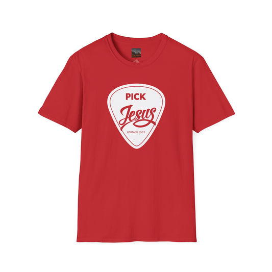 Pick Jesus T-Shirt — Christian Guitar Pick Design (Romans 10:13)
