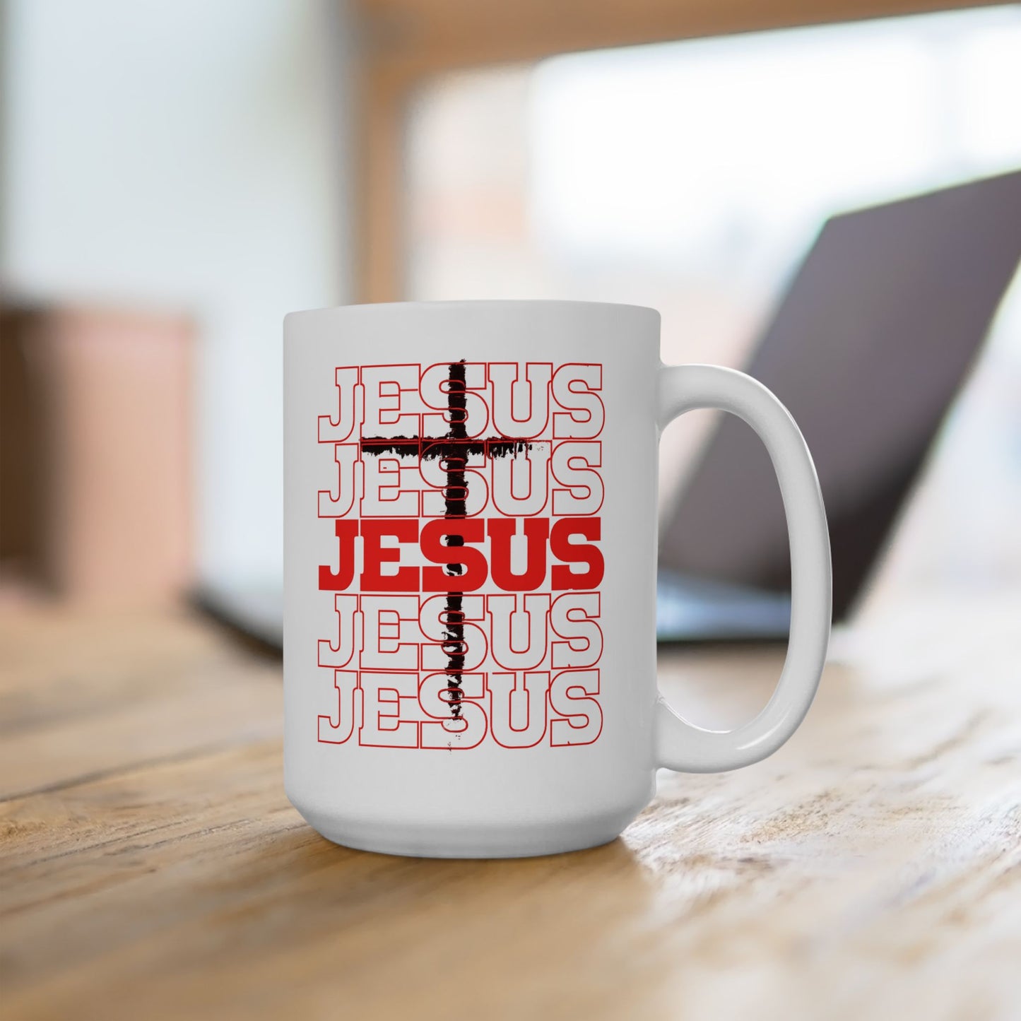 Jesus Cross Red Text Black Cross Graphic Ceramic Mug — Faith Coffee Cup (11oz & 15oz)