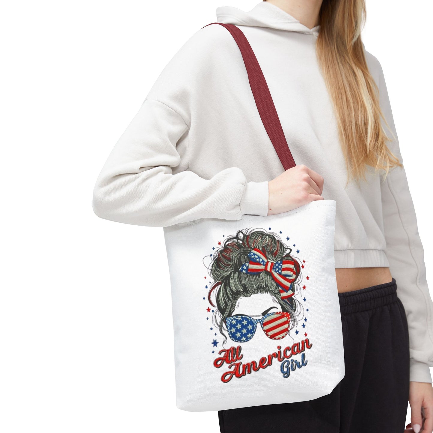 #250 "All American Girl" Patriotic Messy Bun Tote Bag