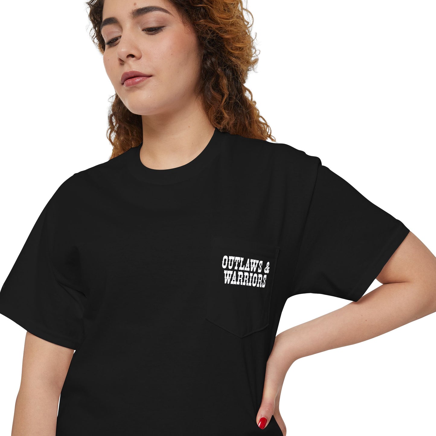 Outlaws & Warriors 100% Cotton Pocket T-Shirt — Minimal Pocket Logo with Graphic On Back