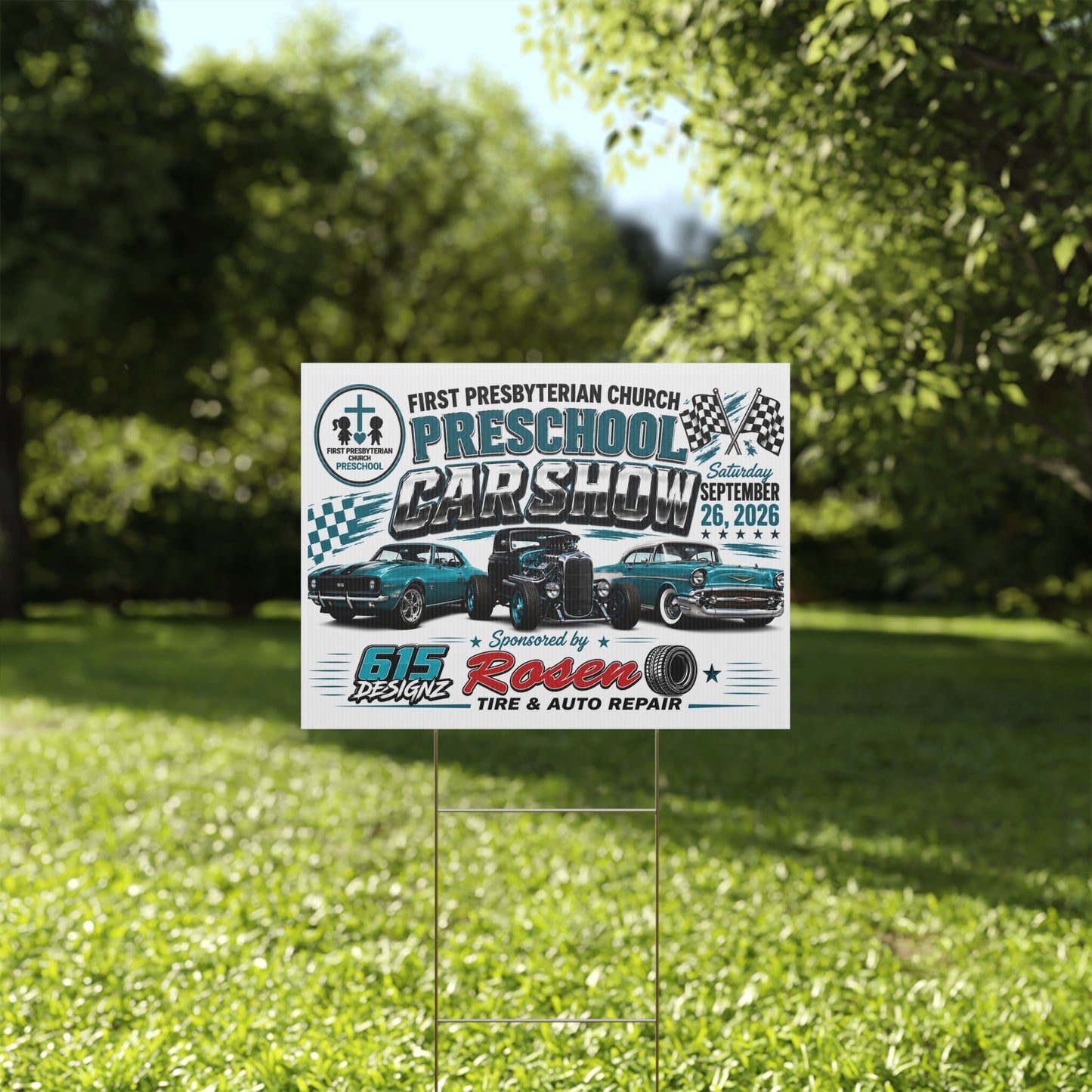 Plastic Yard Sign — Preschool Car Show Fundraiser Sign (First Presbyterian Church, Sept 26, 2026)