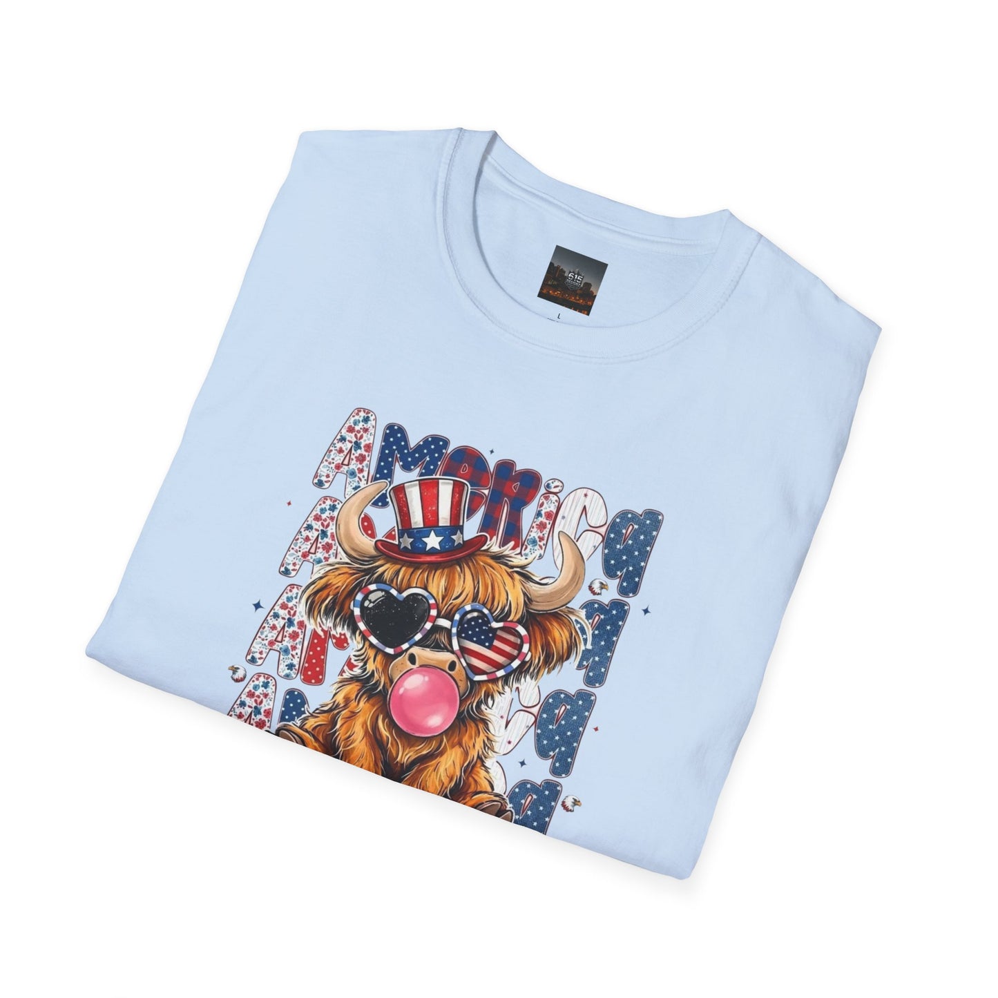#250 American Flag Bubblegum Patriotic Highland Cow T-Shirt