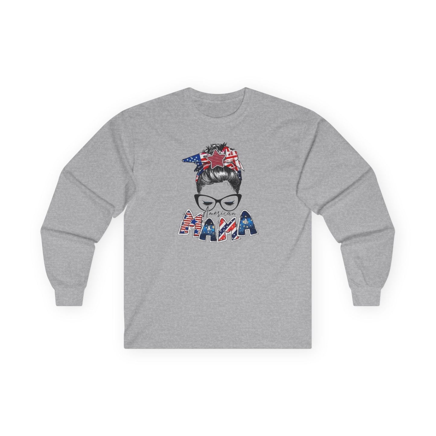 #250 Mama USA Flag Messy Bunn Long Sleeve Tee