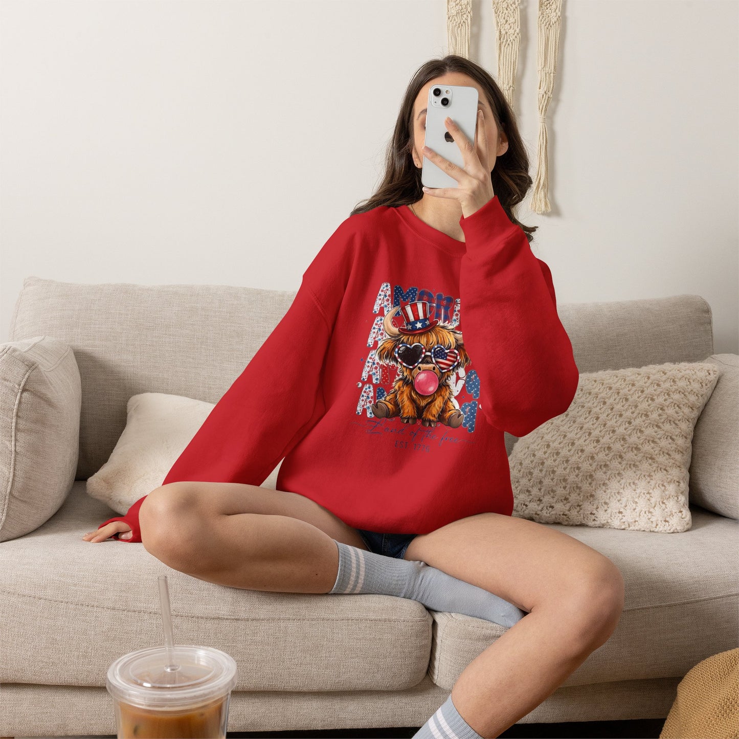 #250 American Flag Bubblegum Patriotic Highland Cow Sweatshirt