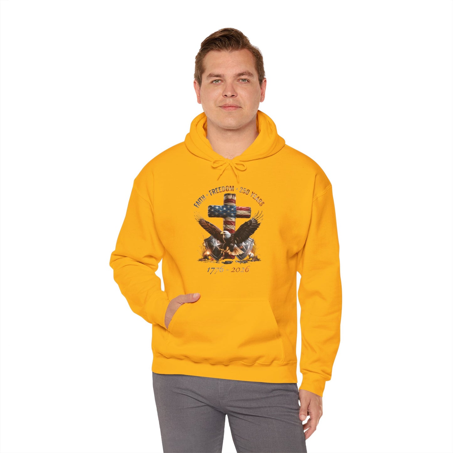 #250 Faith • Freedom 250 Years American Flag Cross & Eagle 1776-2026 Hoodie