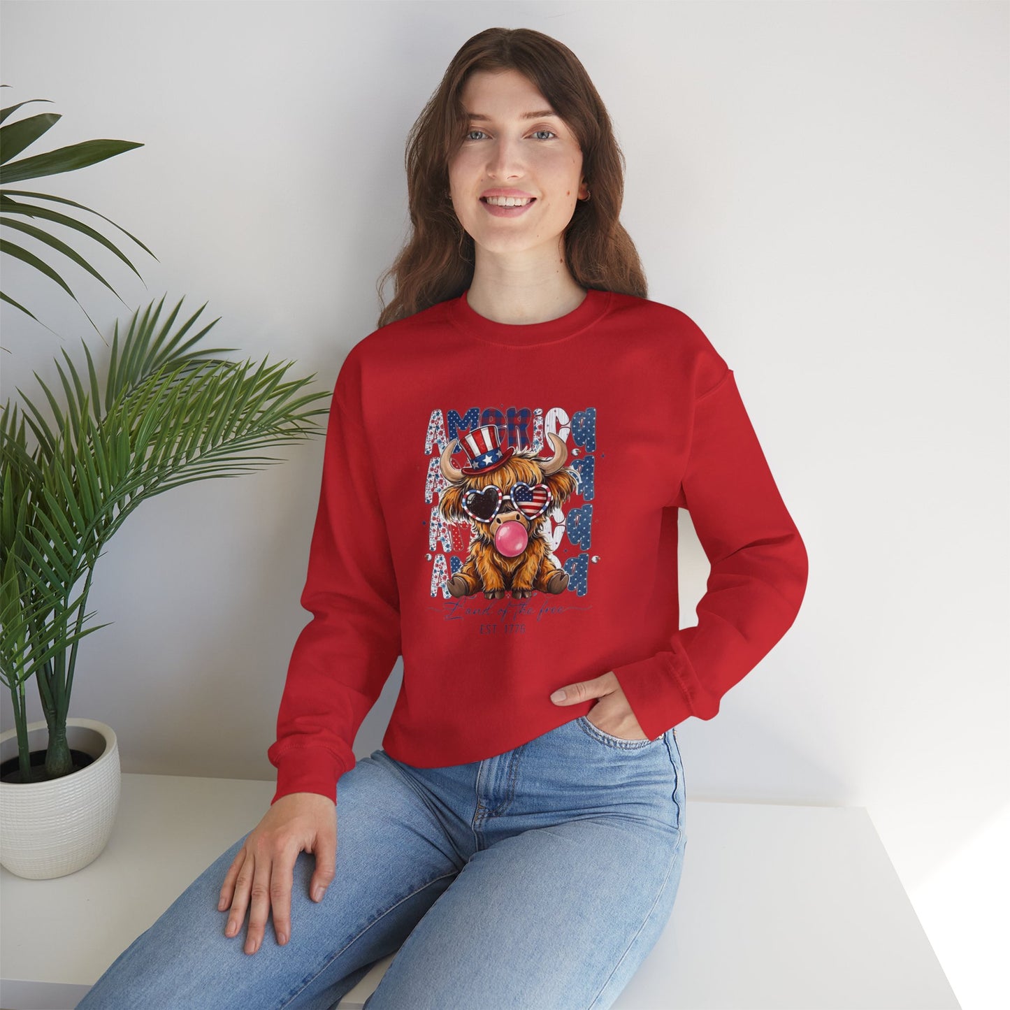 #250 American Flag Bubblegum Patriotic Highland Cow Sweatshirt