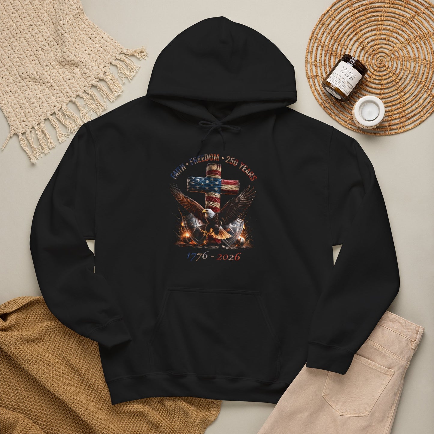 #250 Faith • Freedom 250 Years American Flag Cross & Eagle 1776-2026 Hoodie