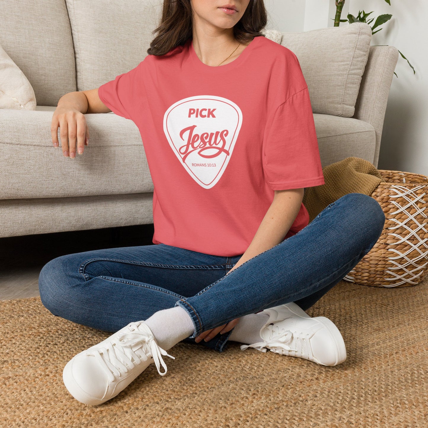 Pick Jesus T-Shirt — Christian Guitar Pick Design (Romans 10:13)