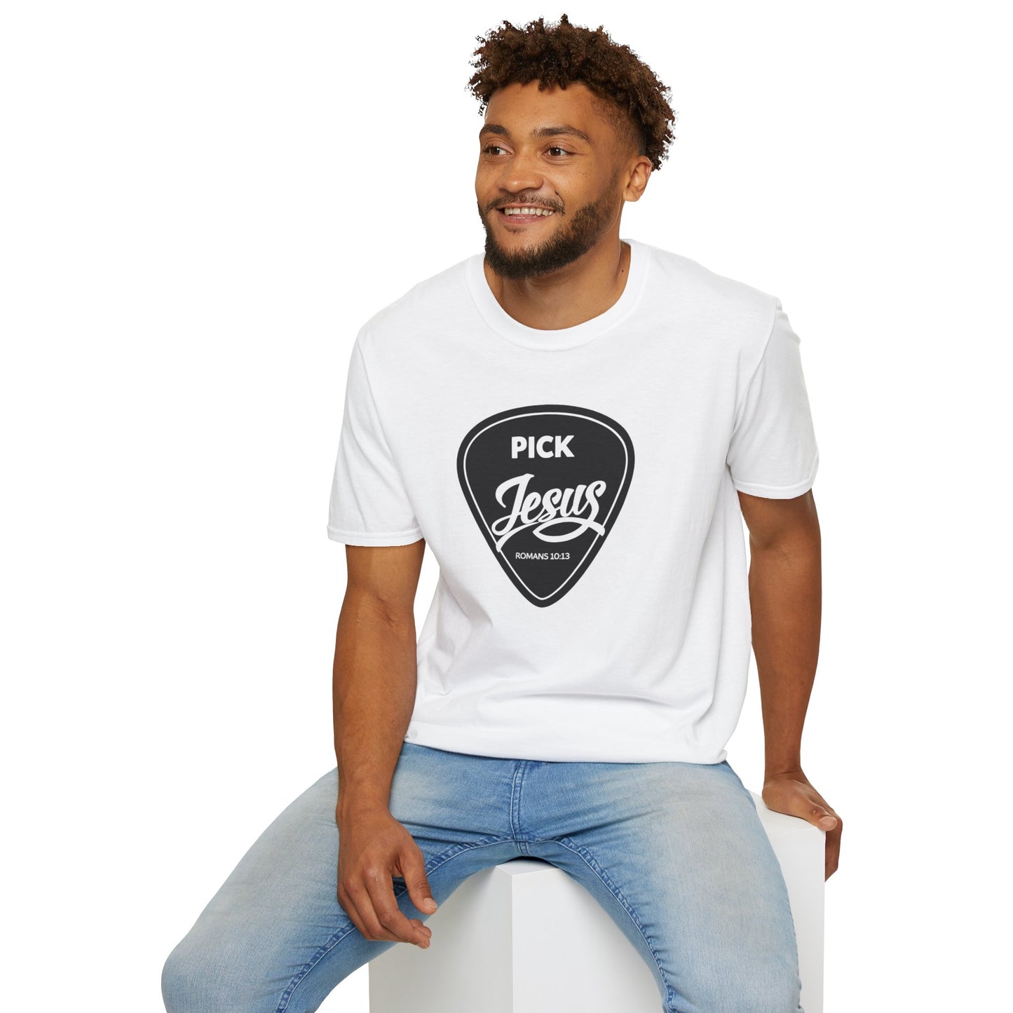 Pick Jesus T-Shirt — Christian Guitar Pick Design (Romans 10:13)