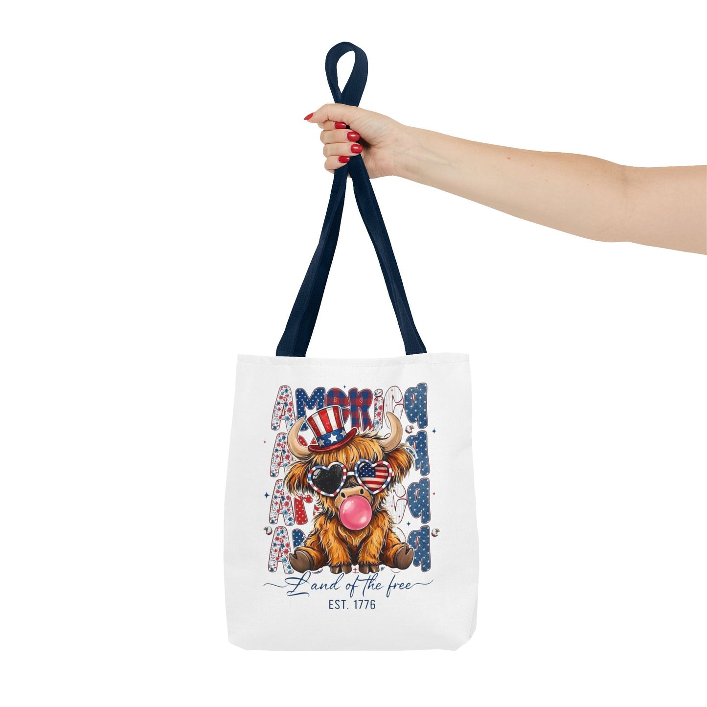 #250 American Flag Bubblegum Patriotic Highland Cow Tote Bag