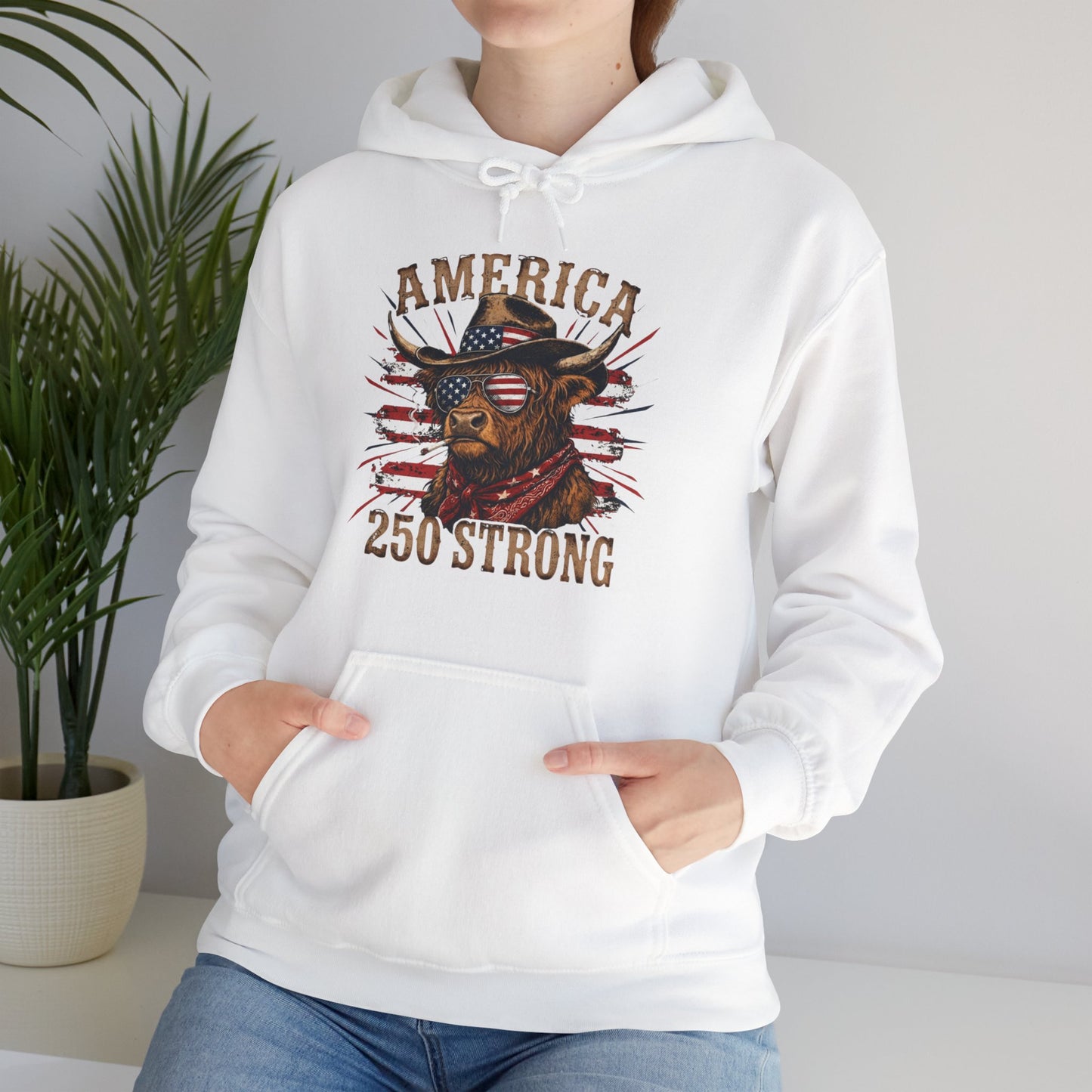 #250 America 250 Strong Patriotic Bull with American Flag Hoodie