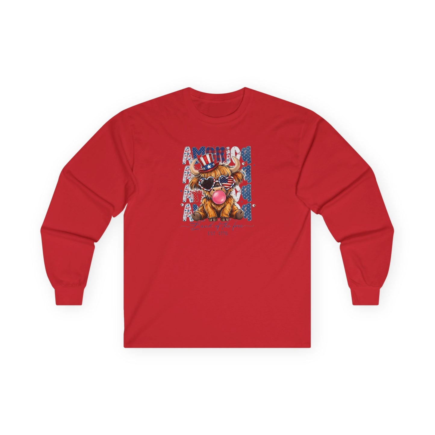 #250 American Flag Bubblegum Patriotic Highland Cow Long Sleeve Tee