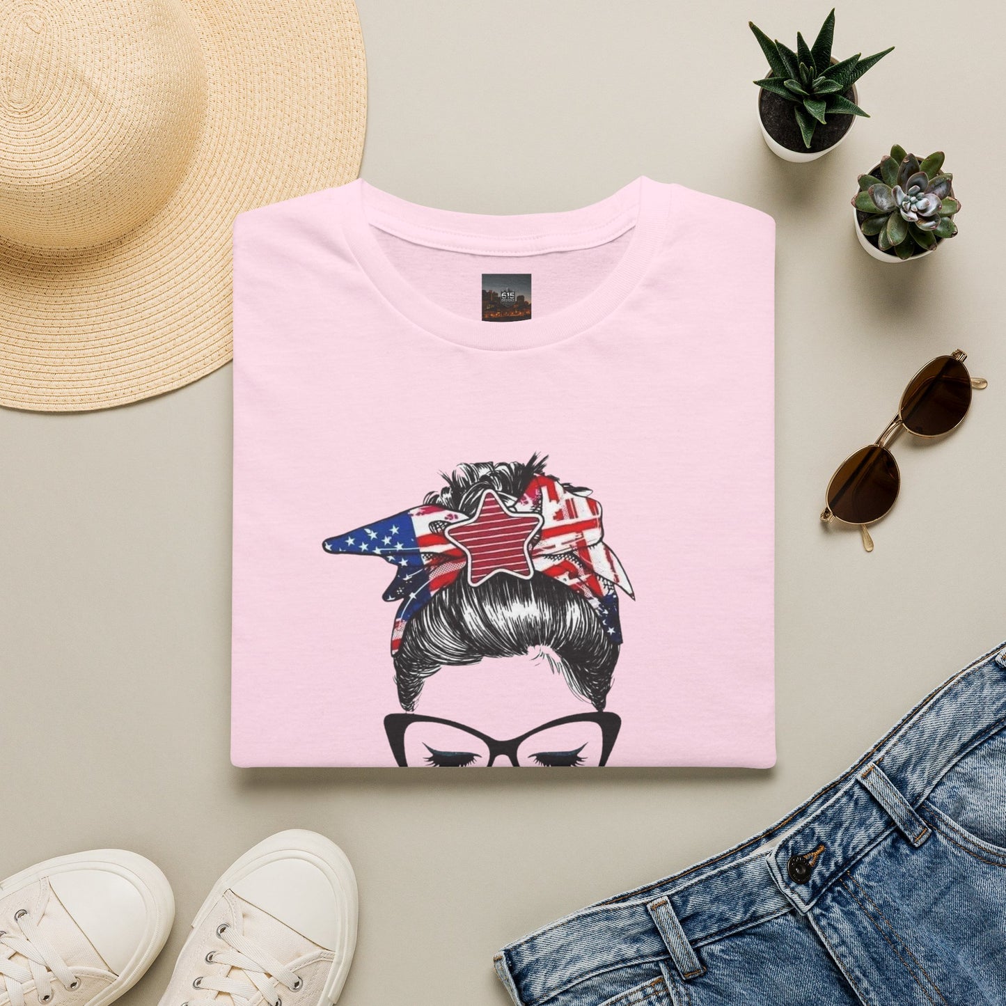 Mama USA Flag Messy Bun T-Shirt