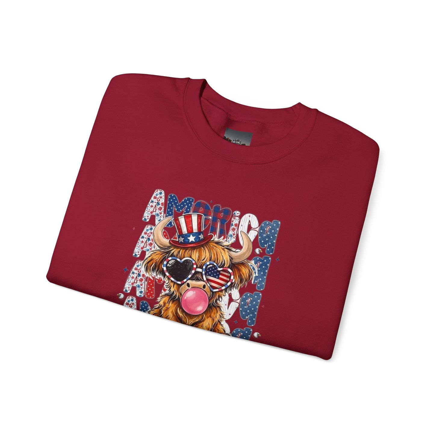 #250 American Flag Bubblegum Patriotic Highland Cow Sweatshirt
