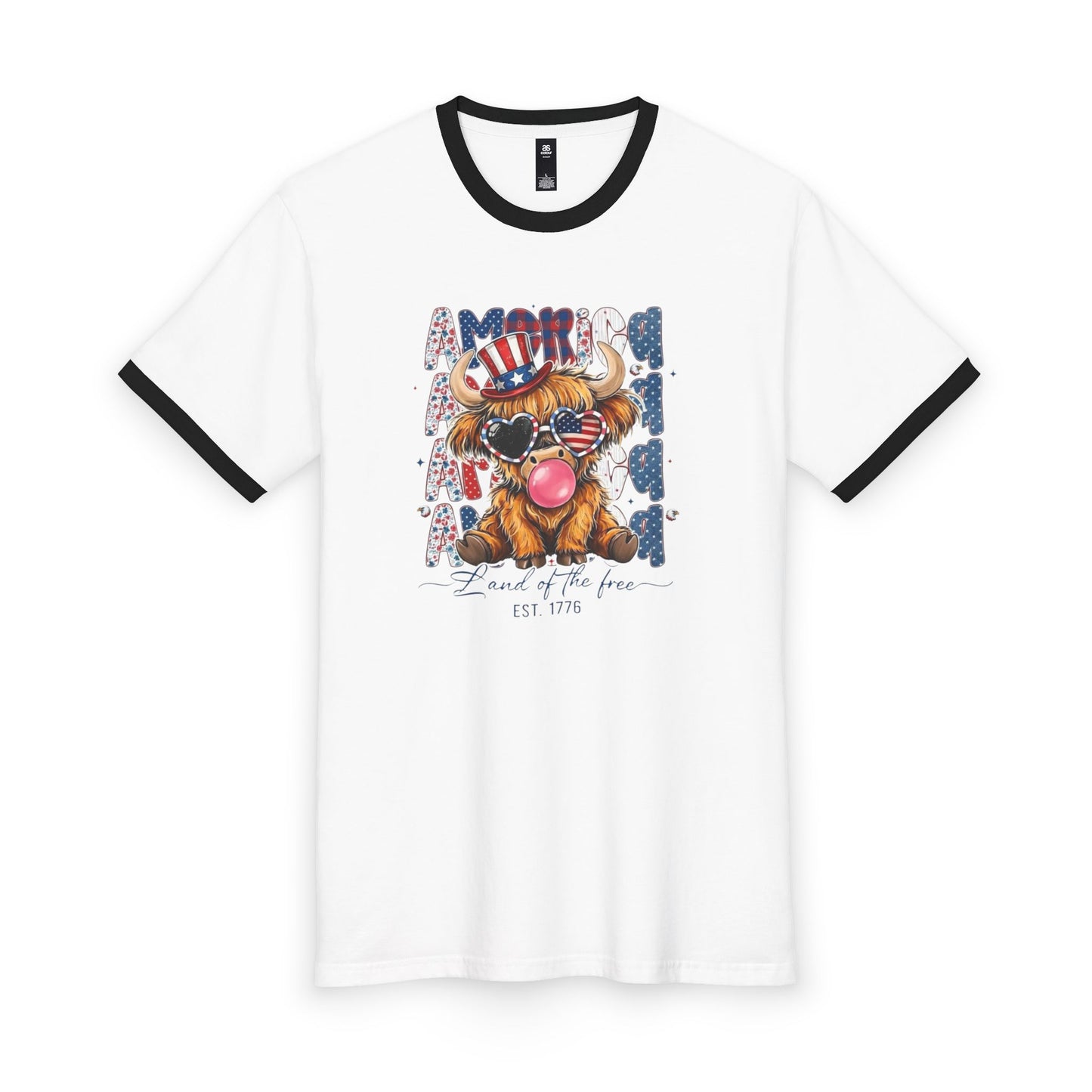 #250 American Flag Bubblegum Patriotic Highland Cow Ringer Tee