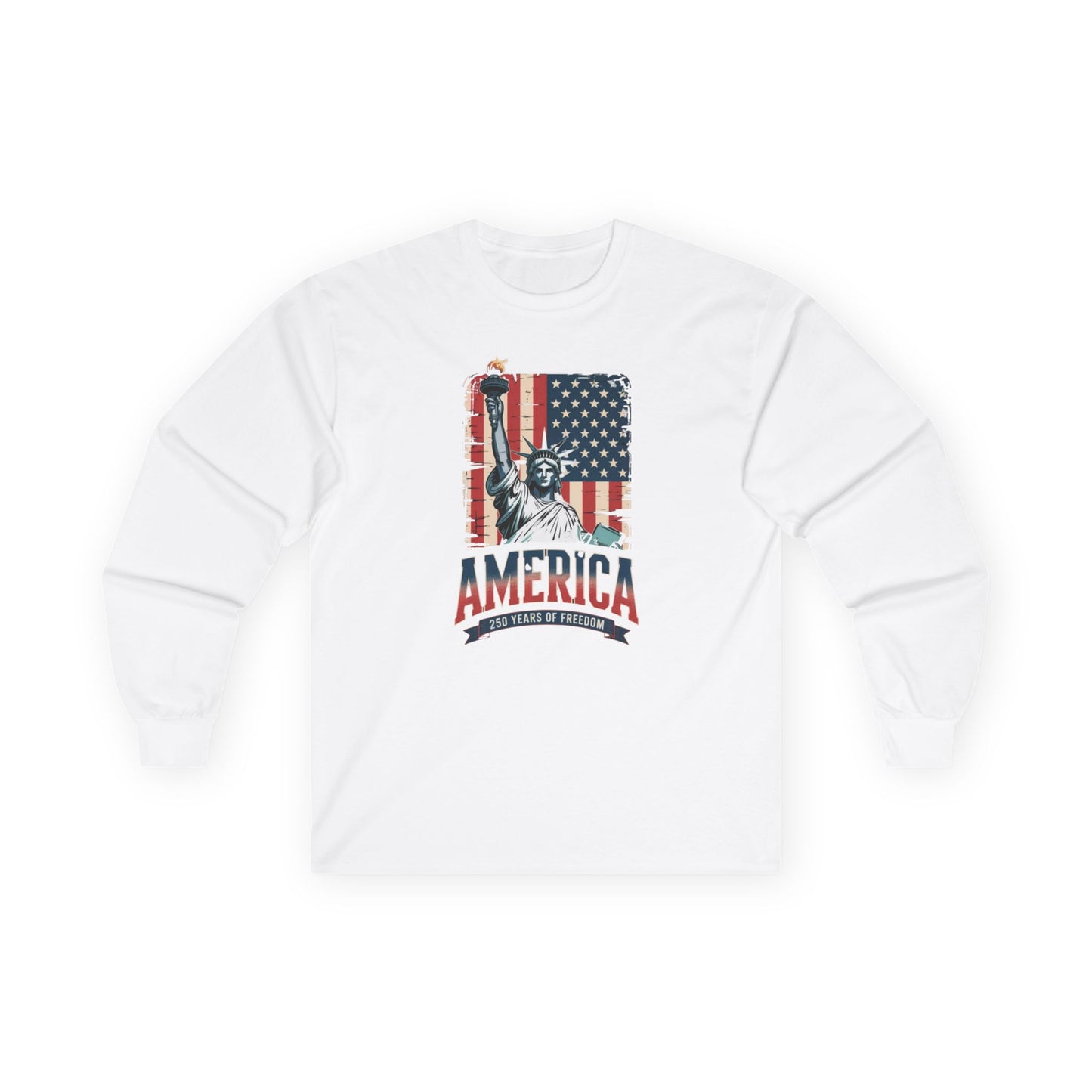 #250 Statue of Liberty American Flag 'America' Patriotic Independence Day Long Sleeve Tee