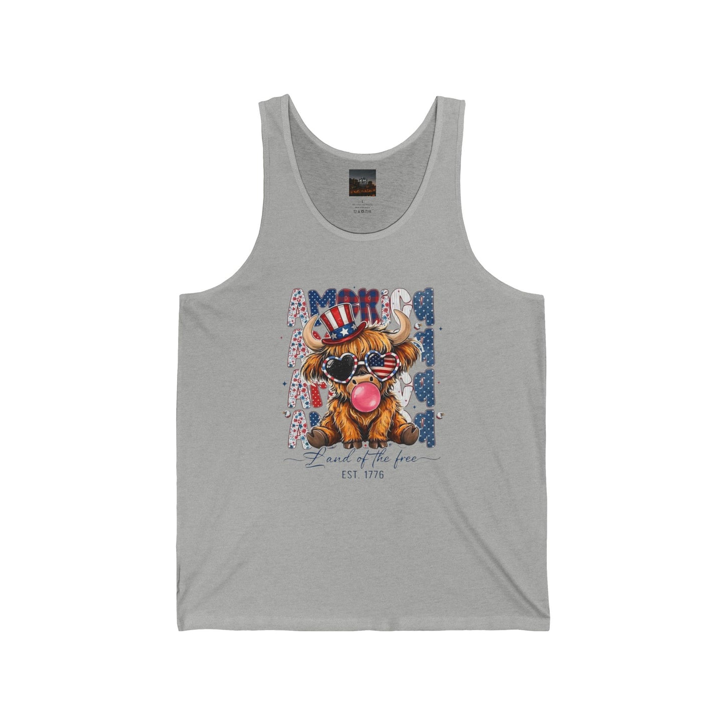 #250 American Flag Bubblegum Patriotic Highland Cow Tank Top