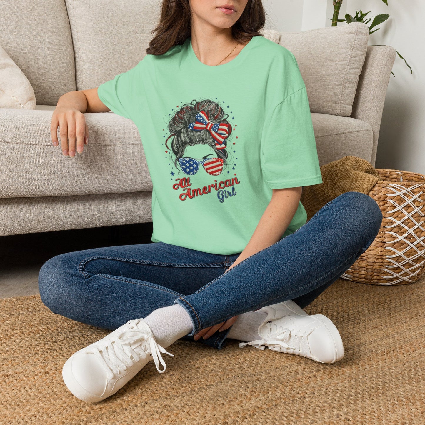 #250 "All American Girl" Patriotic Messy Bun T-Shirt