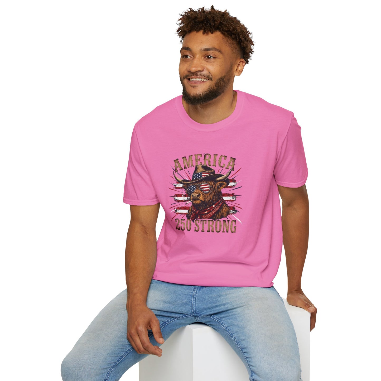 #250 America 250 Strong Patriotic Bull with American Flag T-Shirt