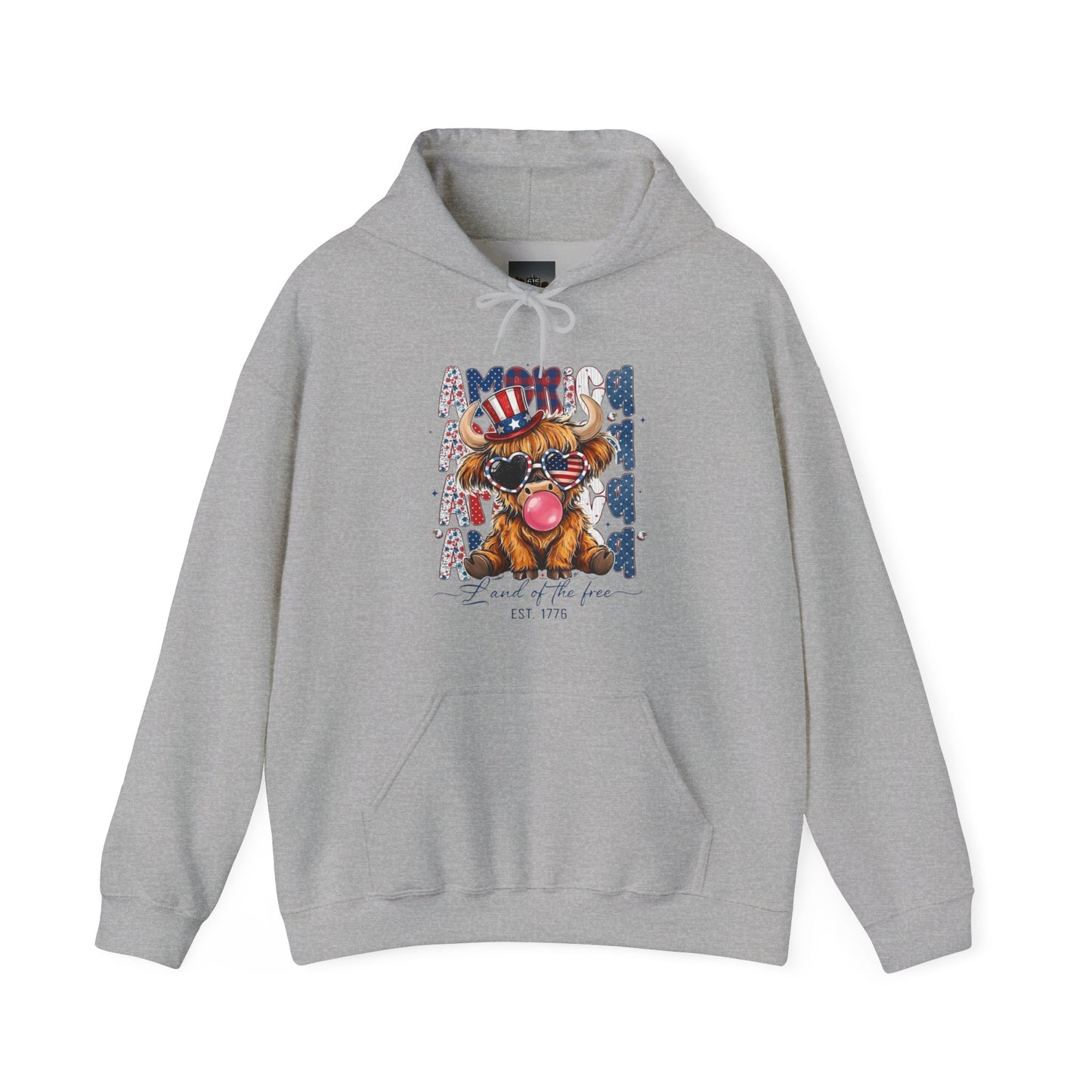 #250 American Flag Bubblegum Patriotic Highland Cow Hoodie