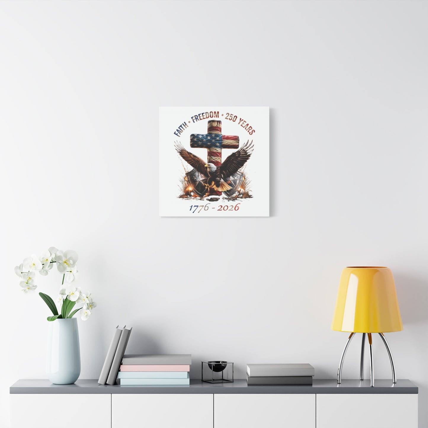 #250 Faith • Freedom 250 Years American Flag Cross & Eagle 1776-2026 Matte Canvas Wall Art