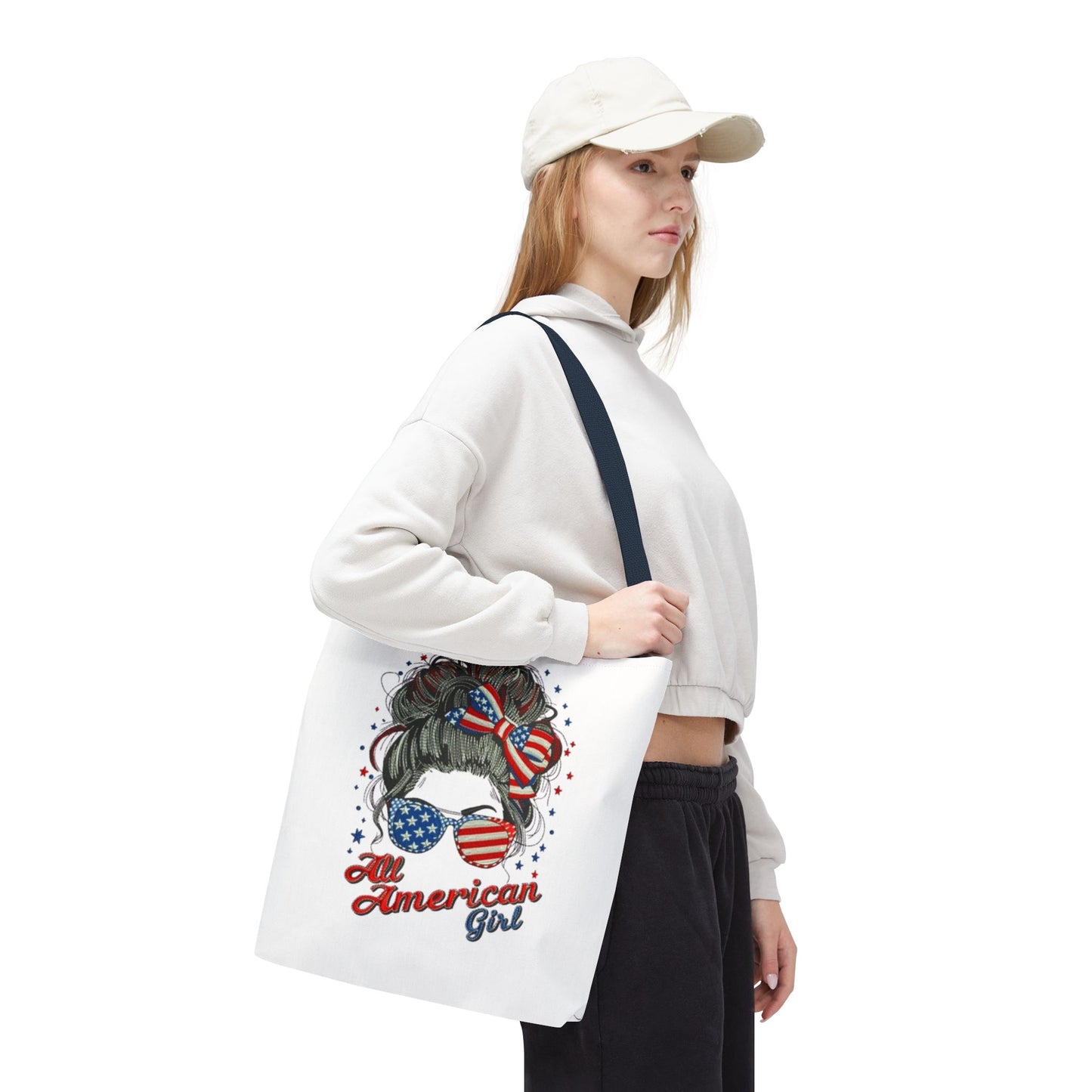 #250 "All American Girl" Patriotic Messy Bun Tote Bag