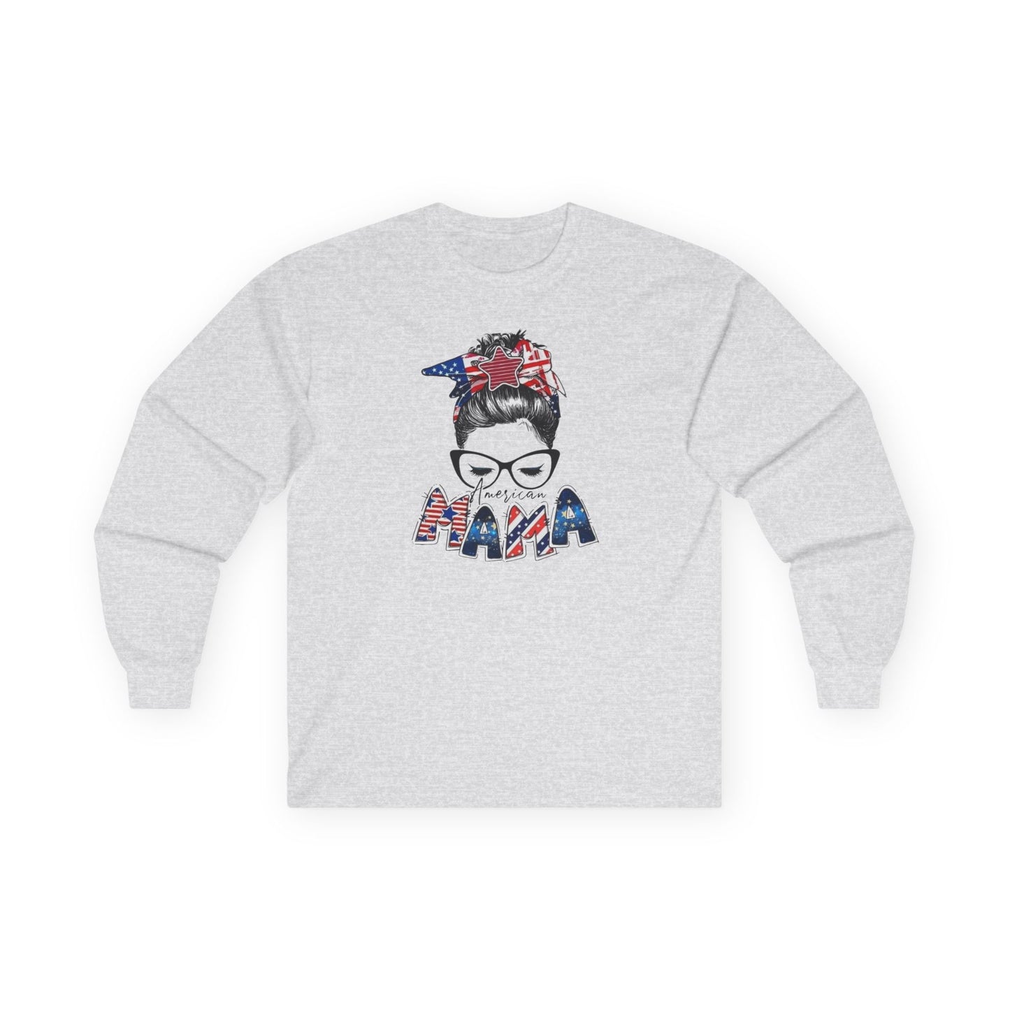 #250 Mama USA Flag Messy Bunn Long Sleeve Tee