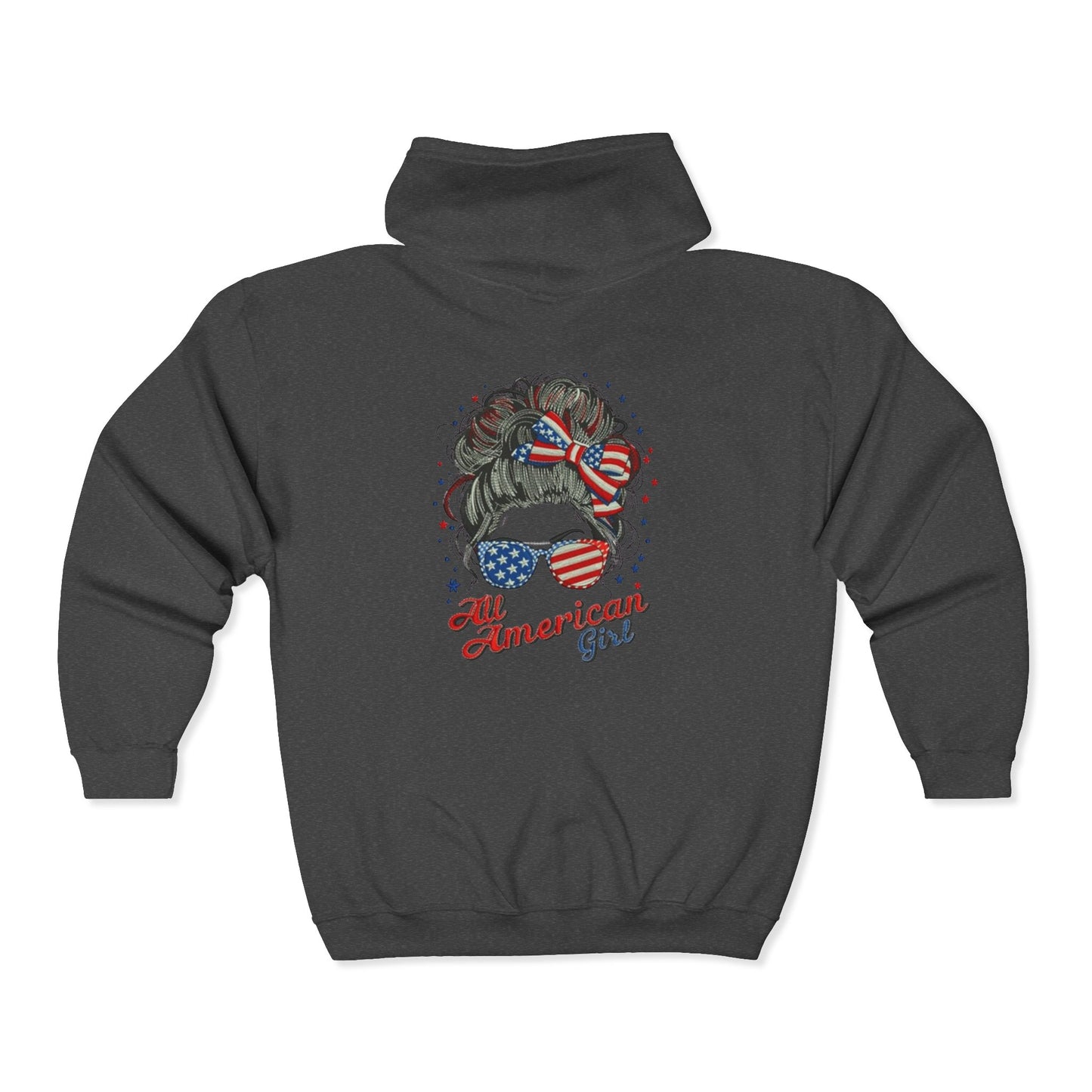 #250 "All American Girl" Patriotic Messy Bun Zip Hoodie