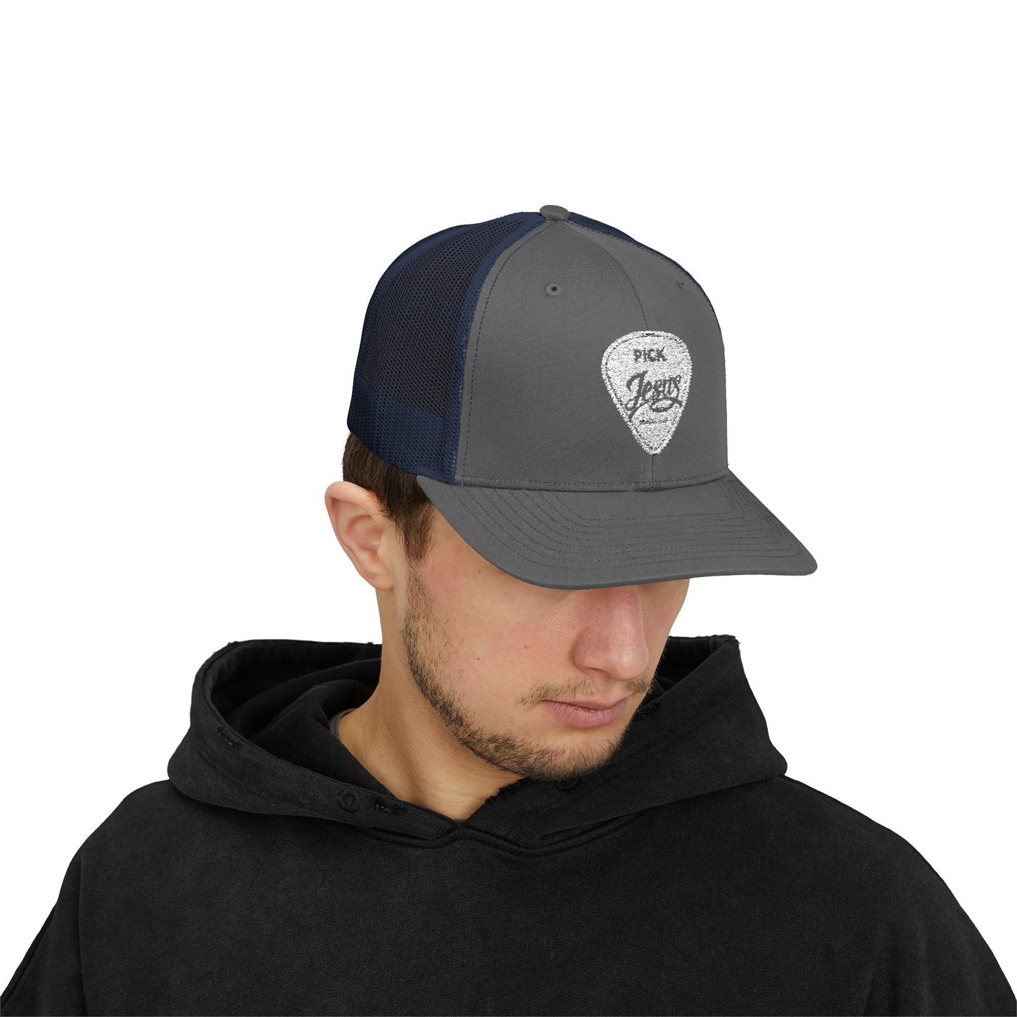 Pick Jesus Guitar Pick Snapback Trucker Cap Christian Guitar Pick Design (Romans 10:13)