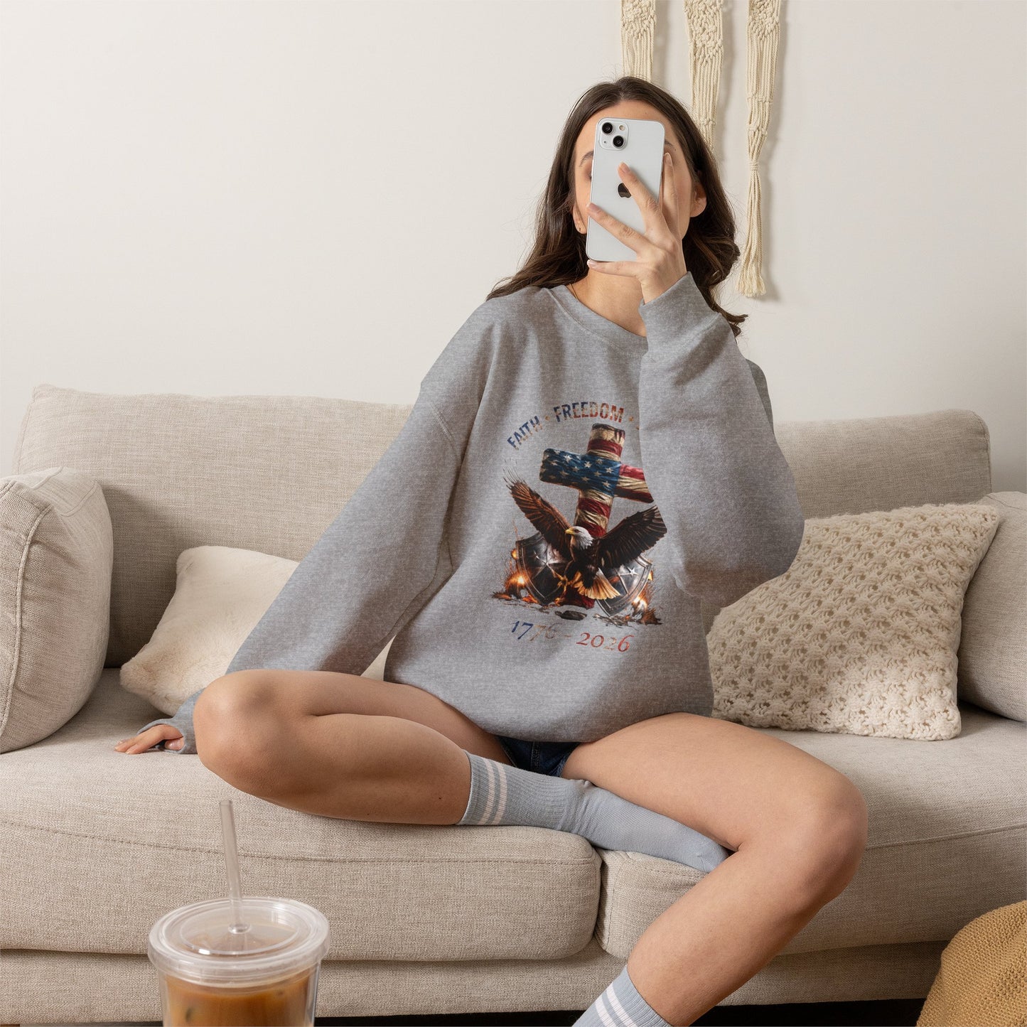 #250 Faith • Freedom 250 Years American Flag Cross & Eagle 1776-2026 Crewneck Sweatshirt